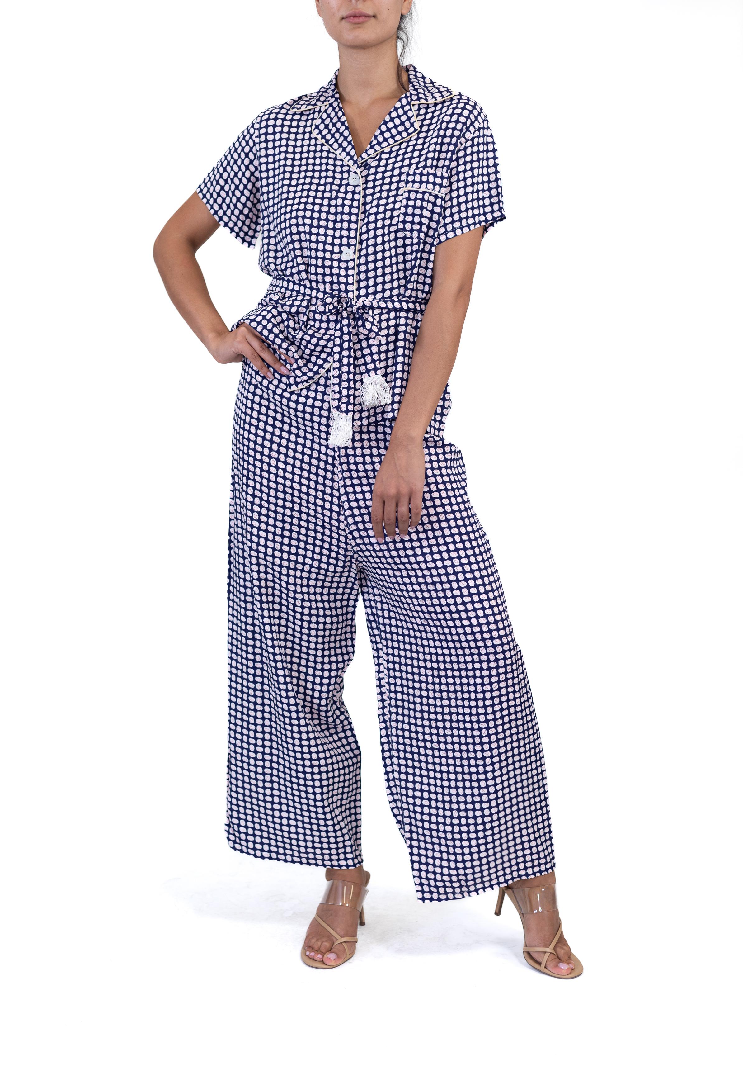 Women's 1940S Lewis Frimel Co Blue & White Cold Rayon Polka Dot Print Pajamas For Sale