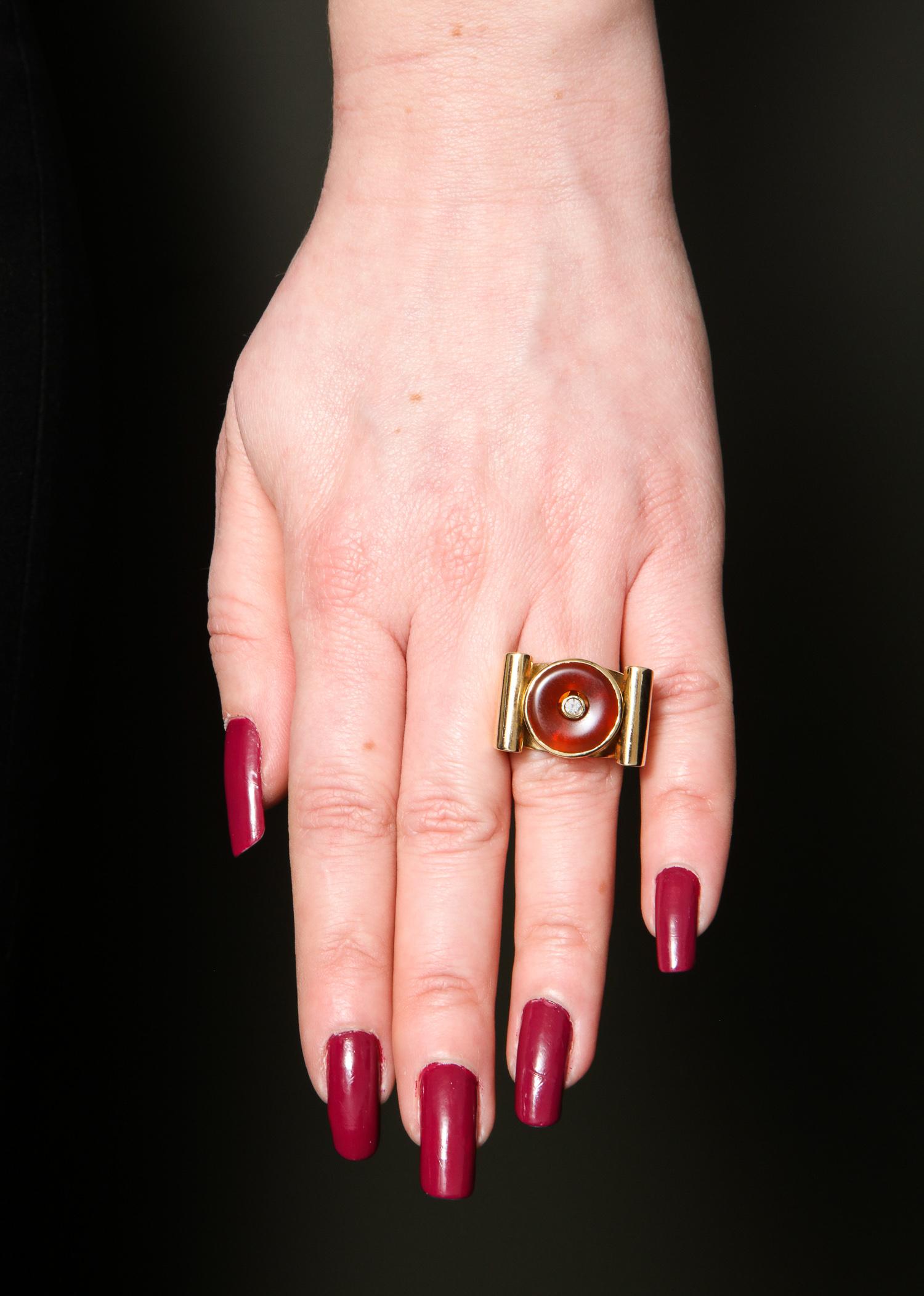 1940s Lifesaver Cut Carnelian and Diamond Retro High Style Gold Cocktail Ring 5
