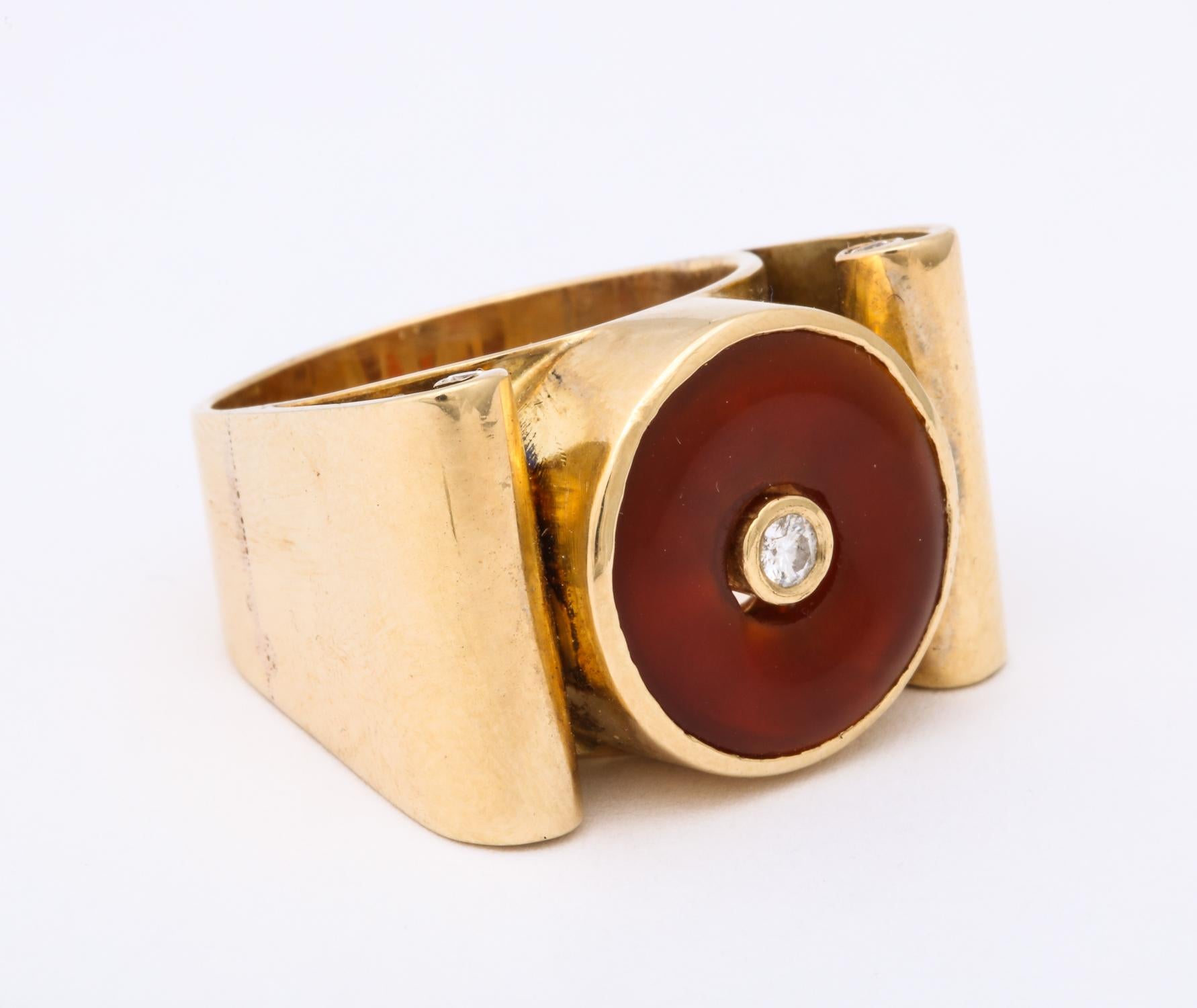 Round Cut 1940s Lifesaver Cut Carnelian and Diamond Retro High Style Gold Cocktail Ring