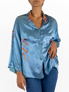 1940S Light Aqua Blue Silk Satin Old Hollywood Jacket With Hand -Embroidered Dr