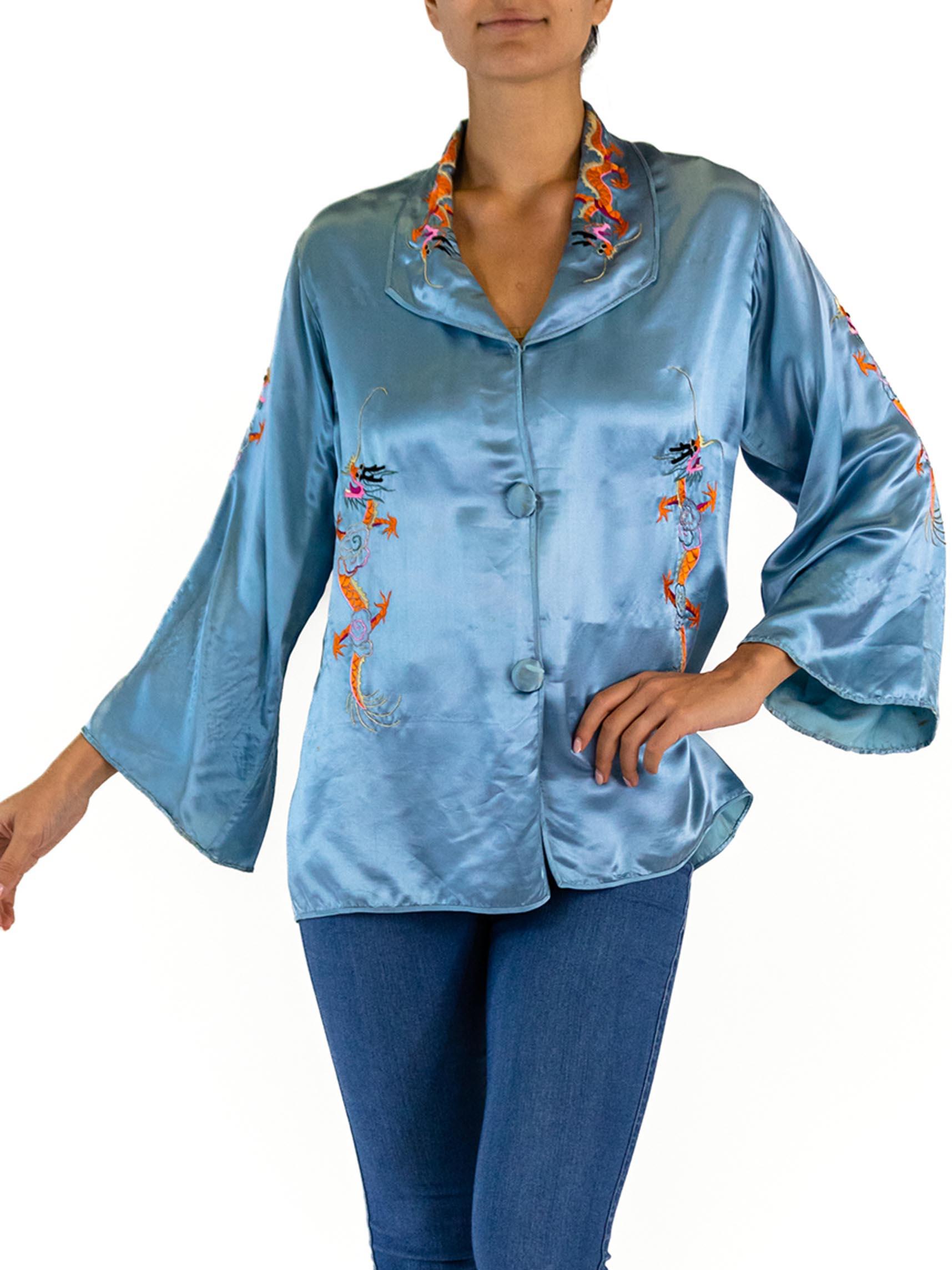 Women's 1940S Light Aqua Blue Silk Satin Old Hollywood Jacket With Hand -Embroidered Dr For Sale