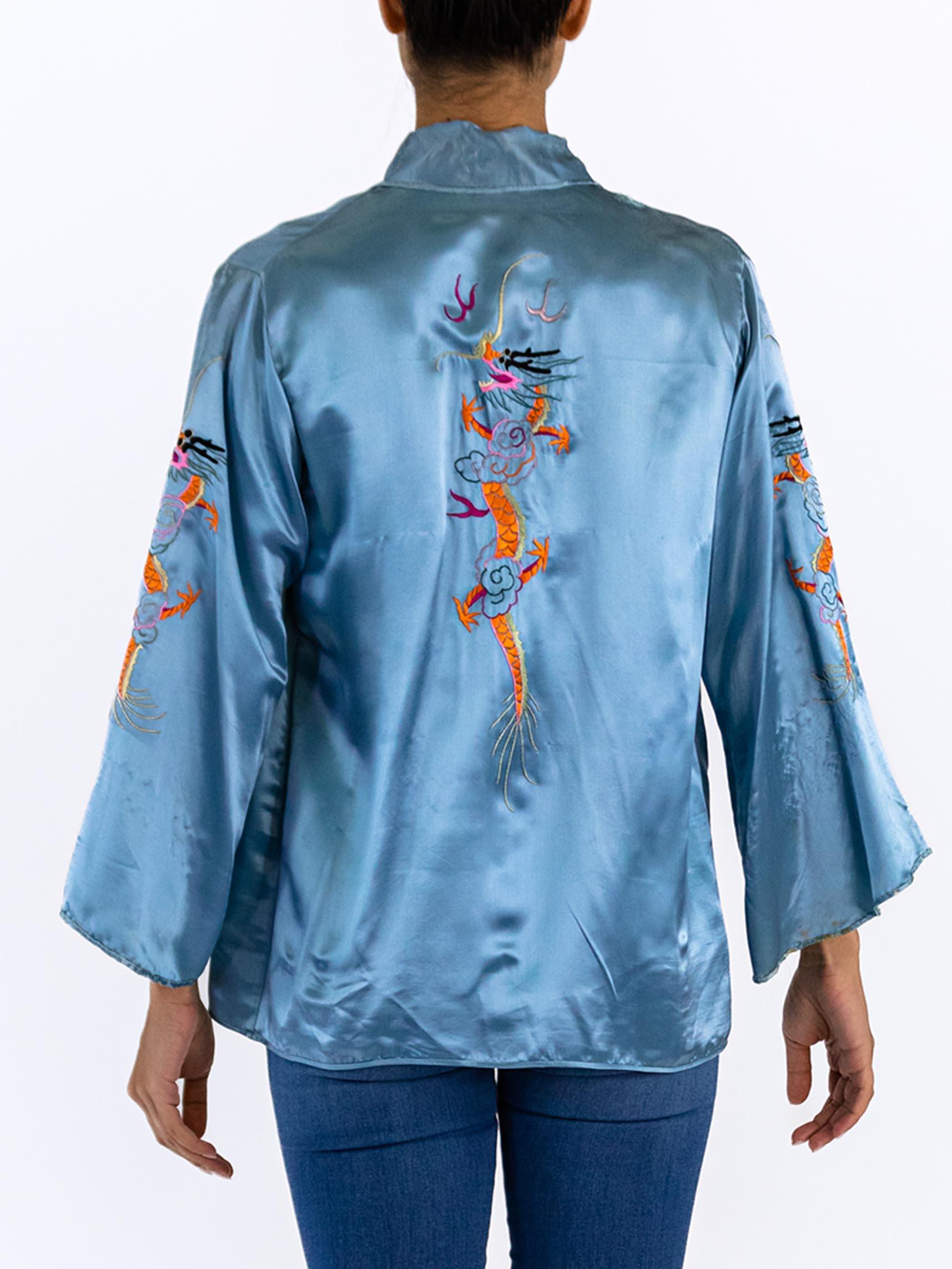 1940S Light Aqua Blue Silk Satin Old Hollywood Jacket With Hand -Embroidered Dr For Sale 1