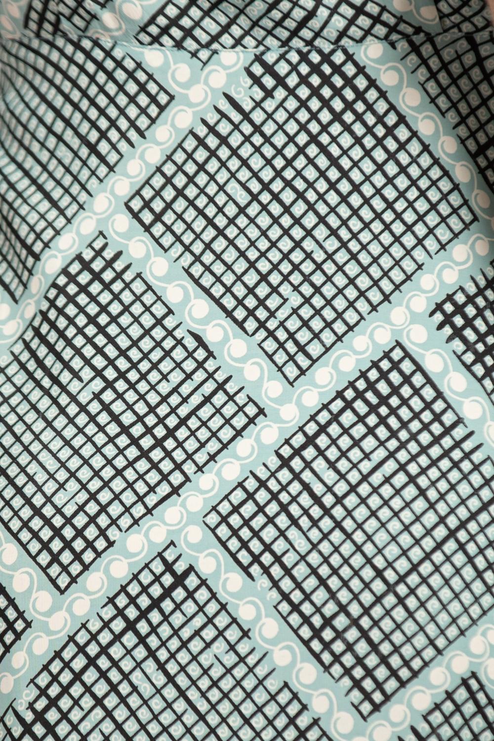 1940S Light Blue & Black Cold Rayon Geometric Print Wrap Dress 7