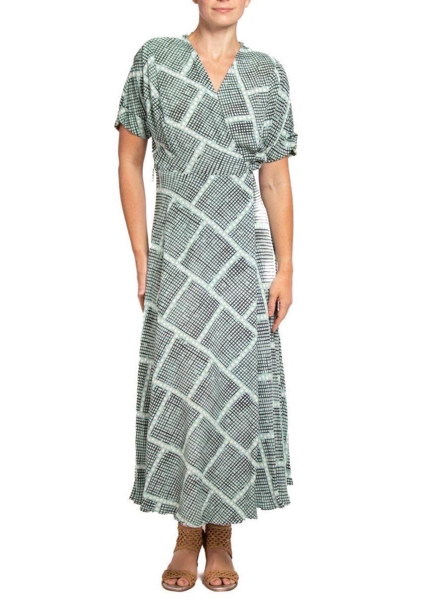 1940S Light Blue & Black Cold Rayon Geometric Print Wrap Dress In Excellent Condition In New York, NY