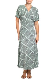 1940S Light Blue & Black Cold Rayon Geometric Print Wrap Dress
