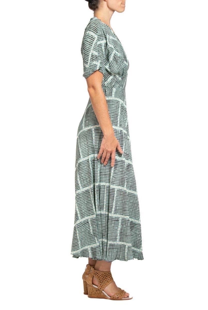 1940S Light Blue & Black Cold Rayon Geometric Print Wrap Dress 1