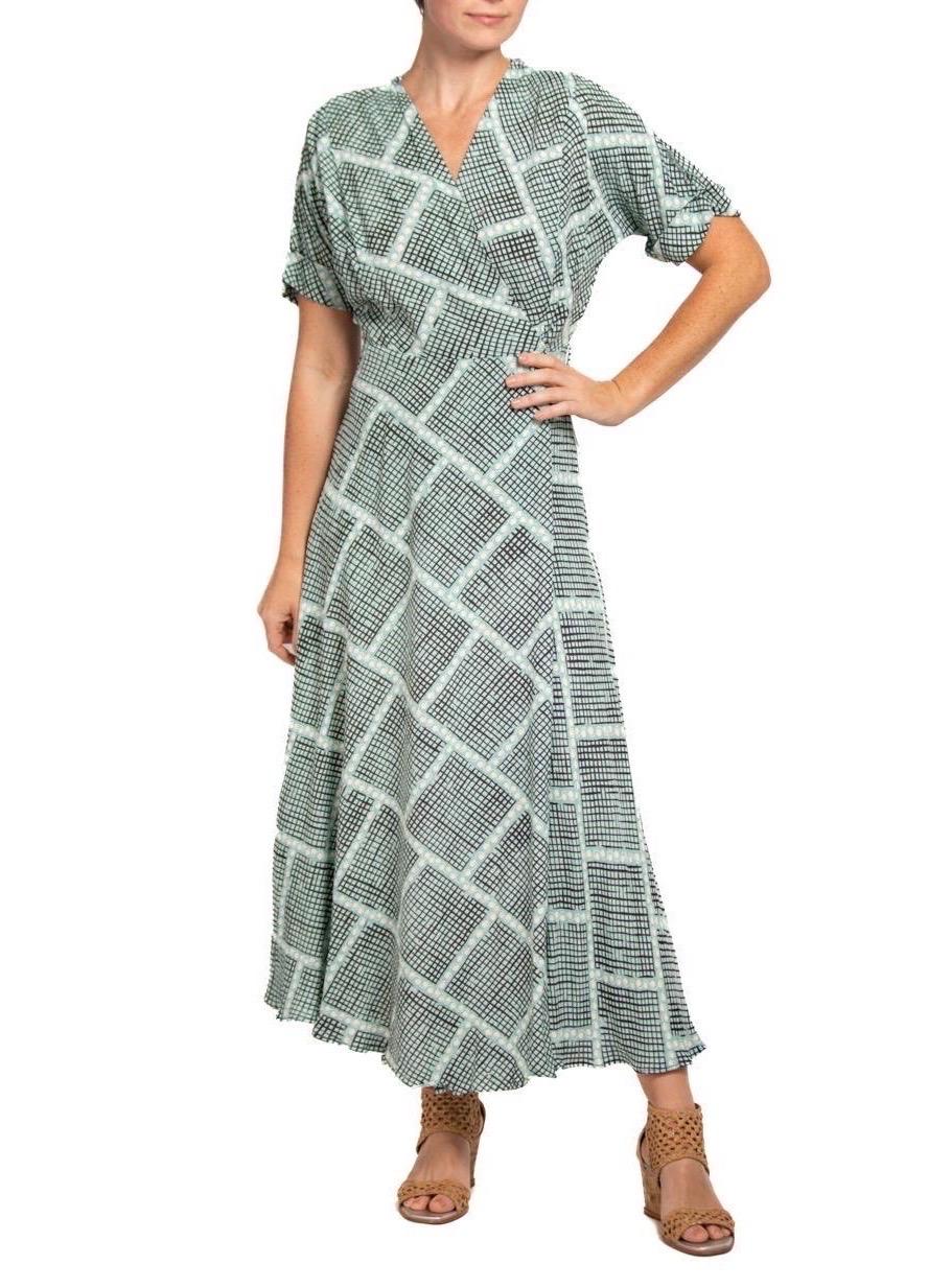 1940S Light Blue & Black Cold Rayon Geometric Print Wrap Dress 2