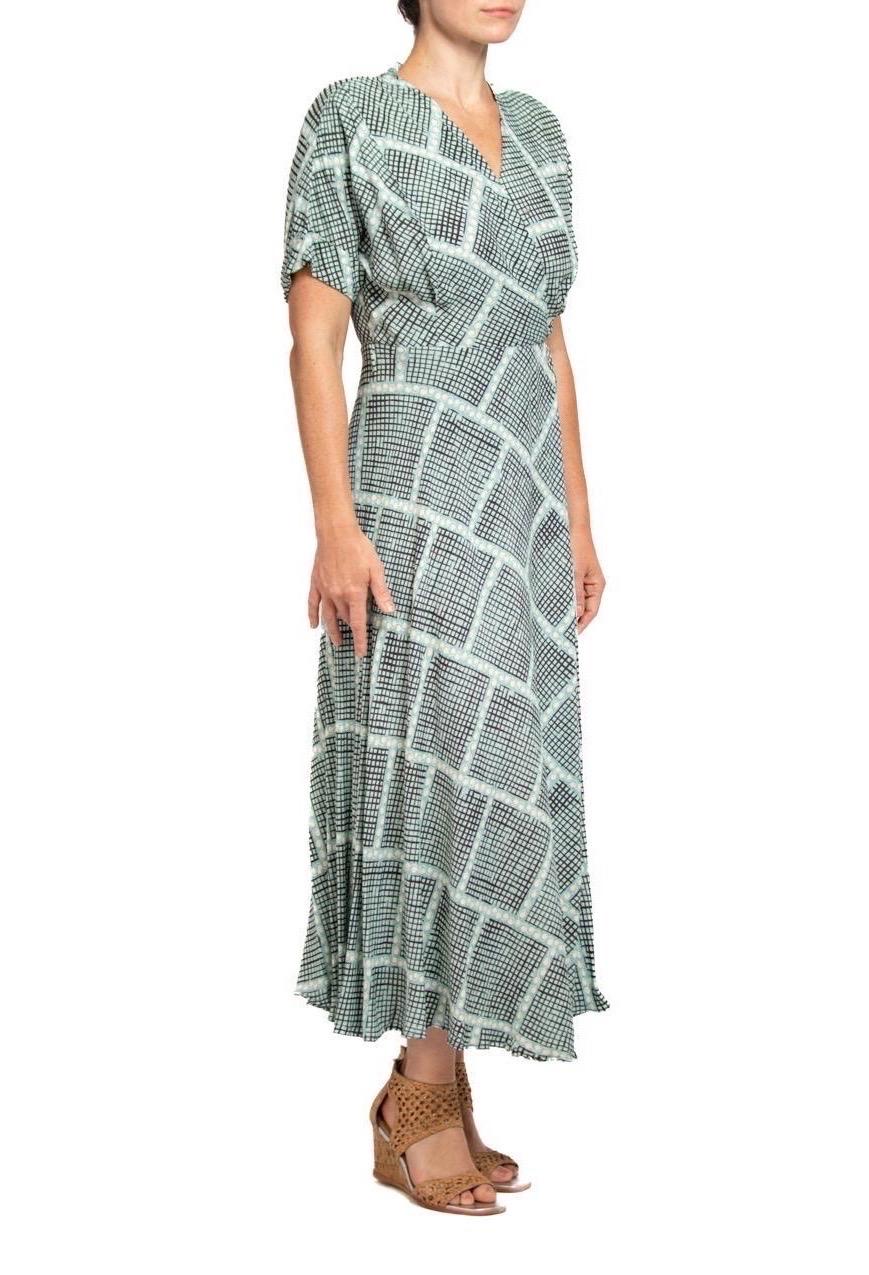 1940S Light Blue & Black Cold Rayon Geometric Print Wrap Dress 3