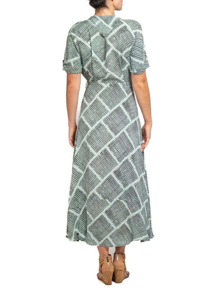 1940S Light Blue & Black Cold Rayon Geometric Print Wrap Dress 4