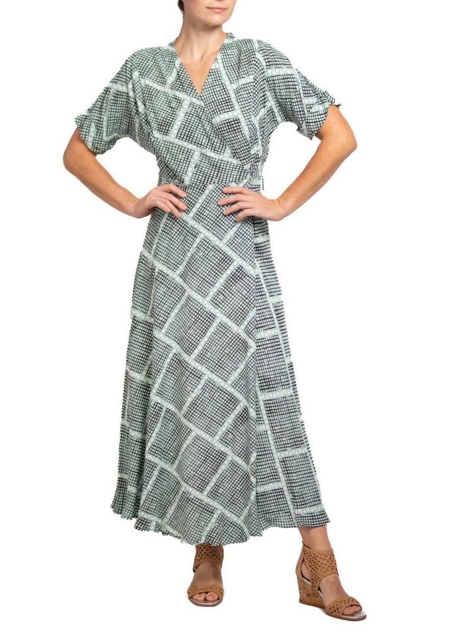 1940S Light Blue & Black Cold Rayon Geometric Print Wrap Dress 5