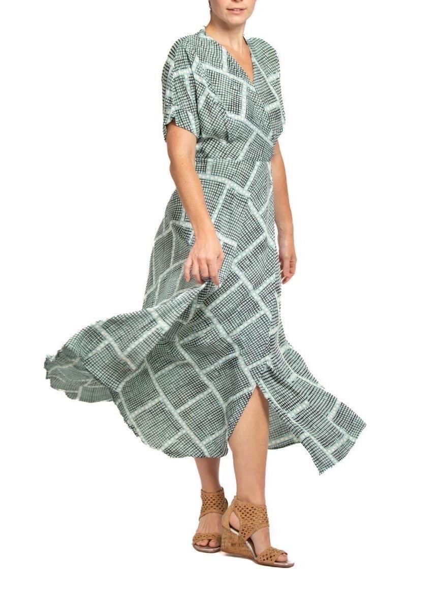 1940S Light Blue & Black Cold Rayon Geometric Print Wrap Dress 6