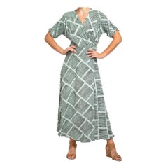 1940S Light Blue & Black Cold Rayon Geometric Print Wrap Dress