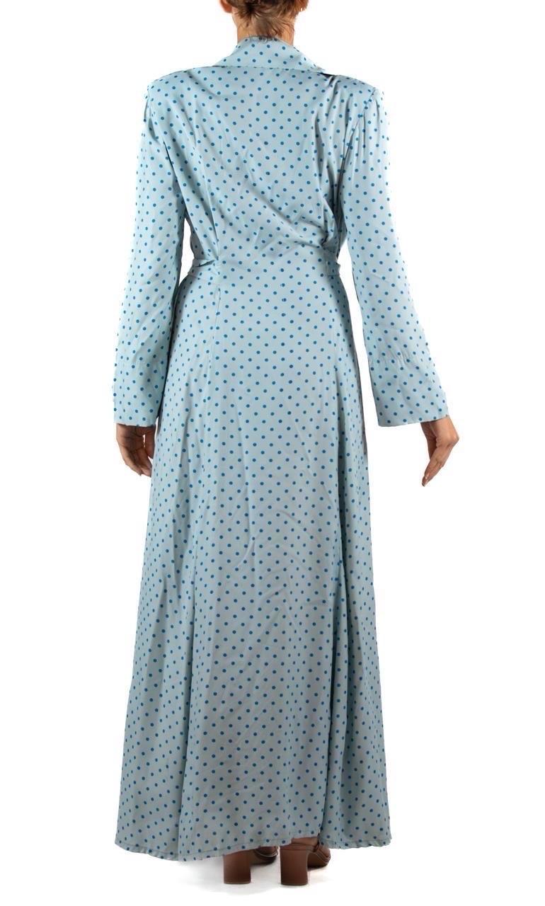 1940S Light Blue & Navy Rayon Polka Dot Robe For Sale 1