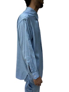 1940S Light Blue Rayon Blend Long Sleeve Shiny Men's Shirt