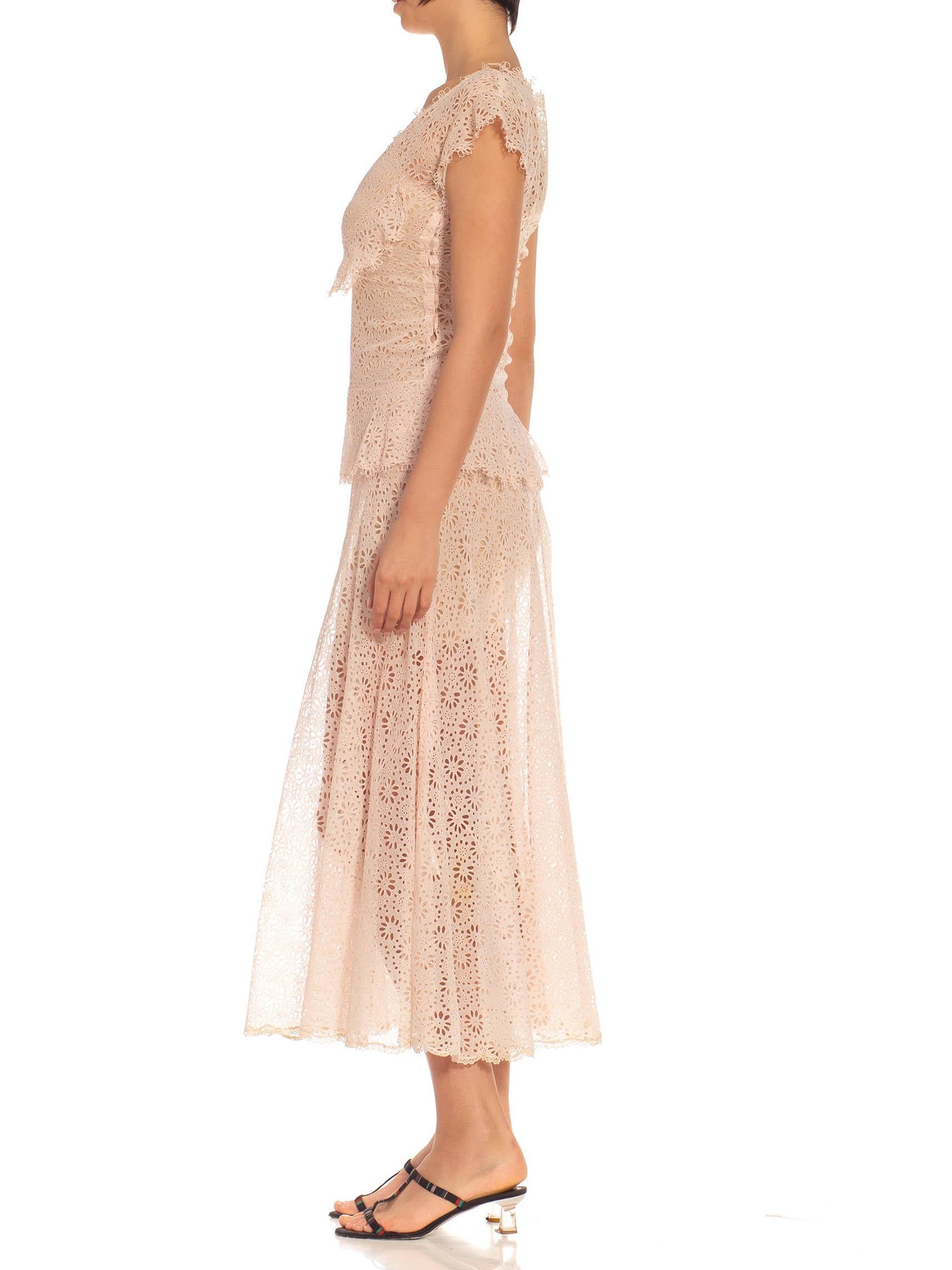 Beige 1940S Light Pink Cotton Eyelet Lace Dress For Sale
