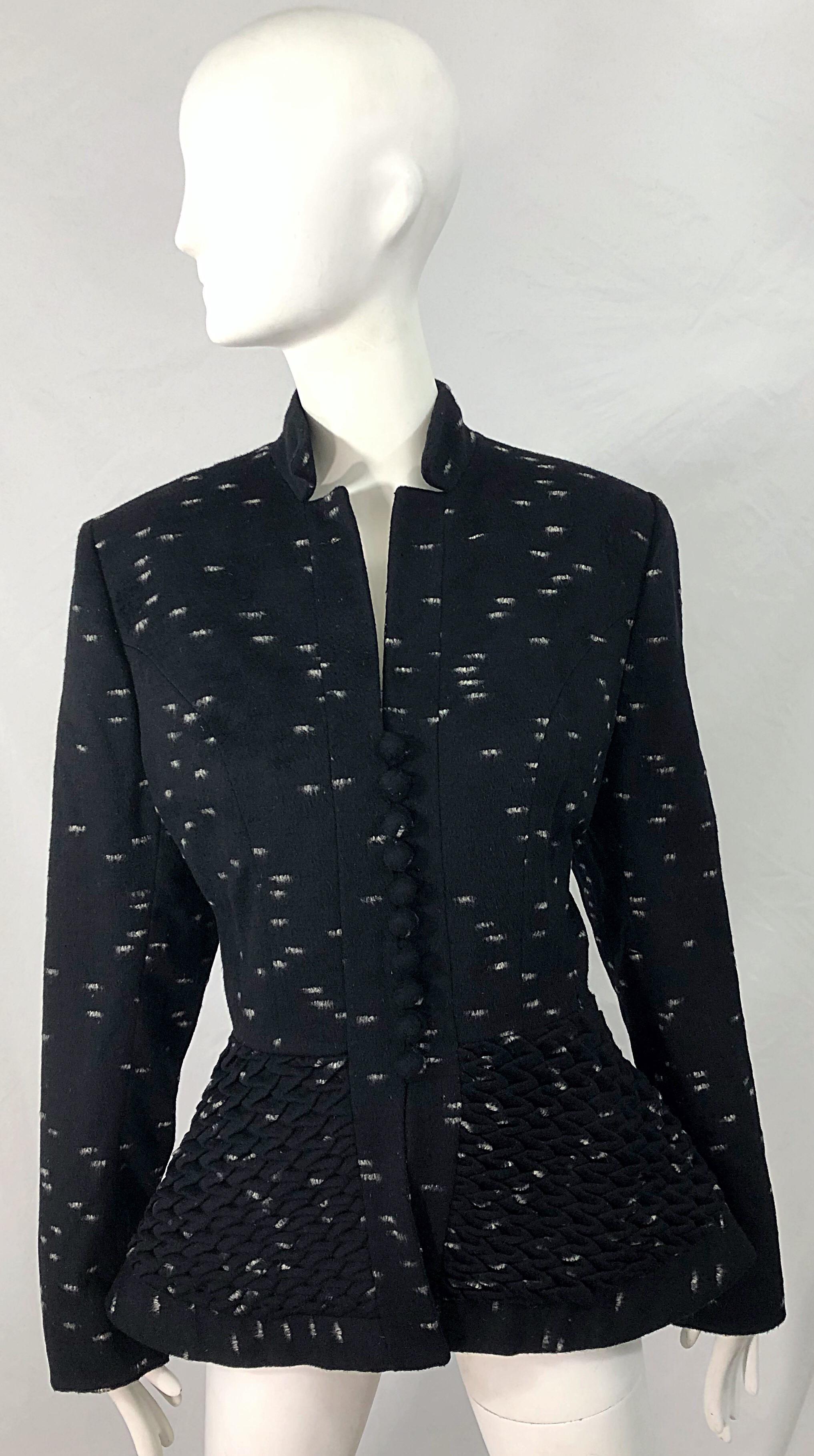 Chic 1940 LILLI ANN black and white Avant Garde wool jacket ! Features the finest soft wool fabric that was  imported from France. Fabric covered buttons up the front. Flared honeycomb peplum below the waist. The perfect everyday jacket. Fully