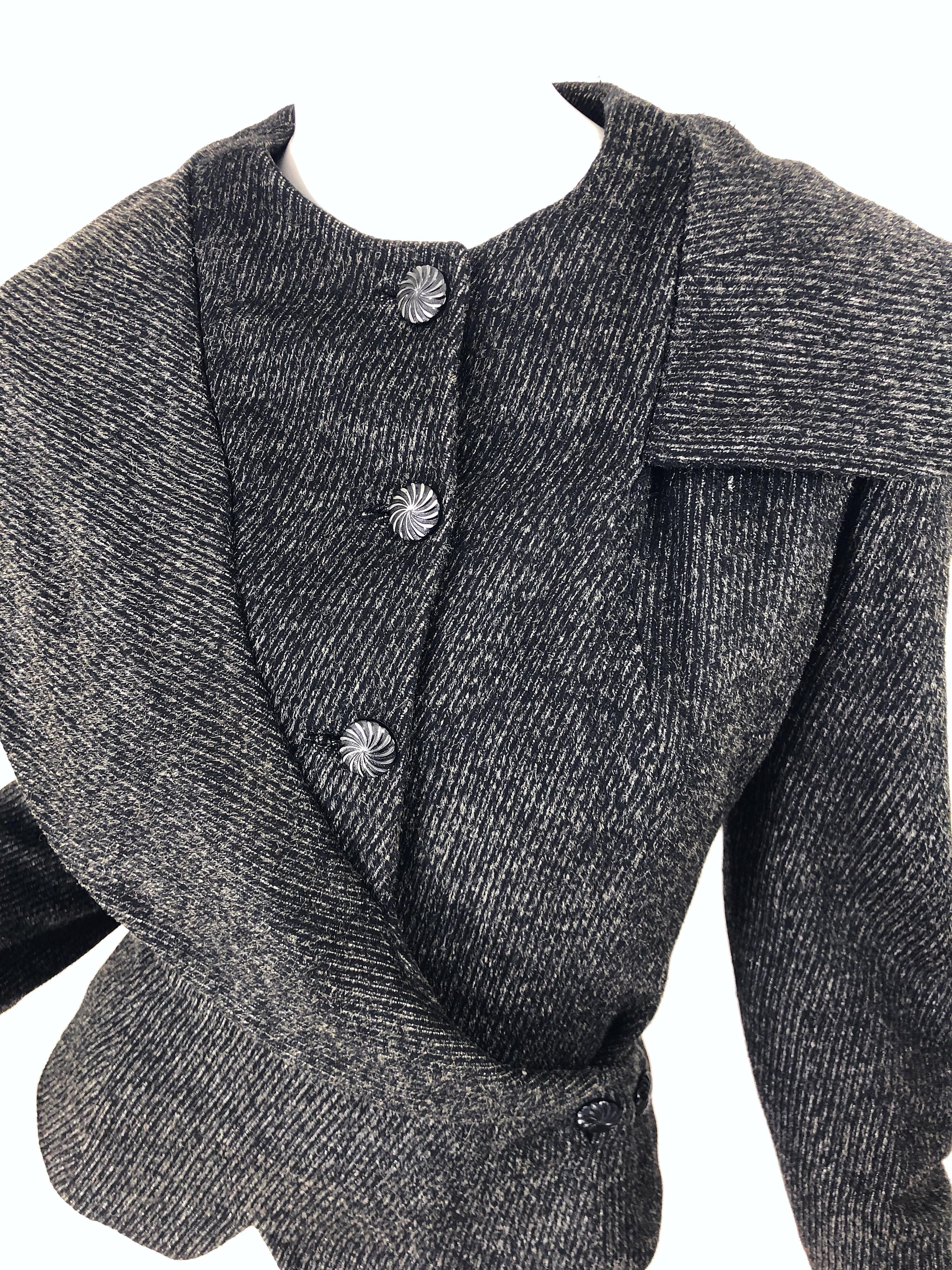 1940s Lilli Ann Grey Black Avant Garde Vintage 40s Asymmetrical Wool Jacket 3