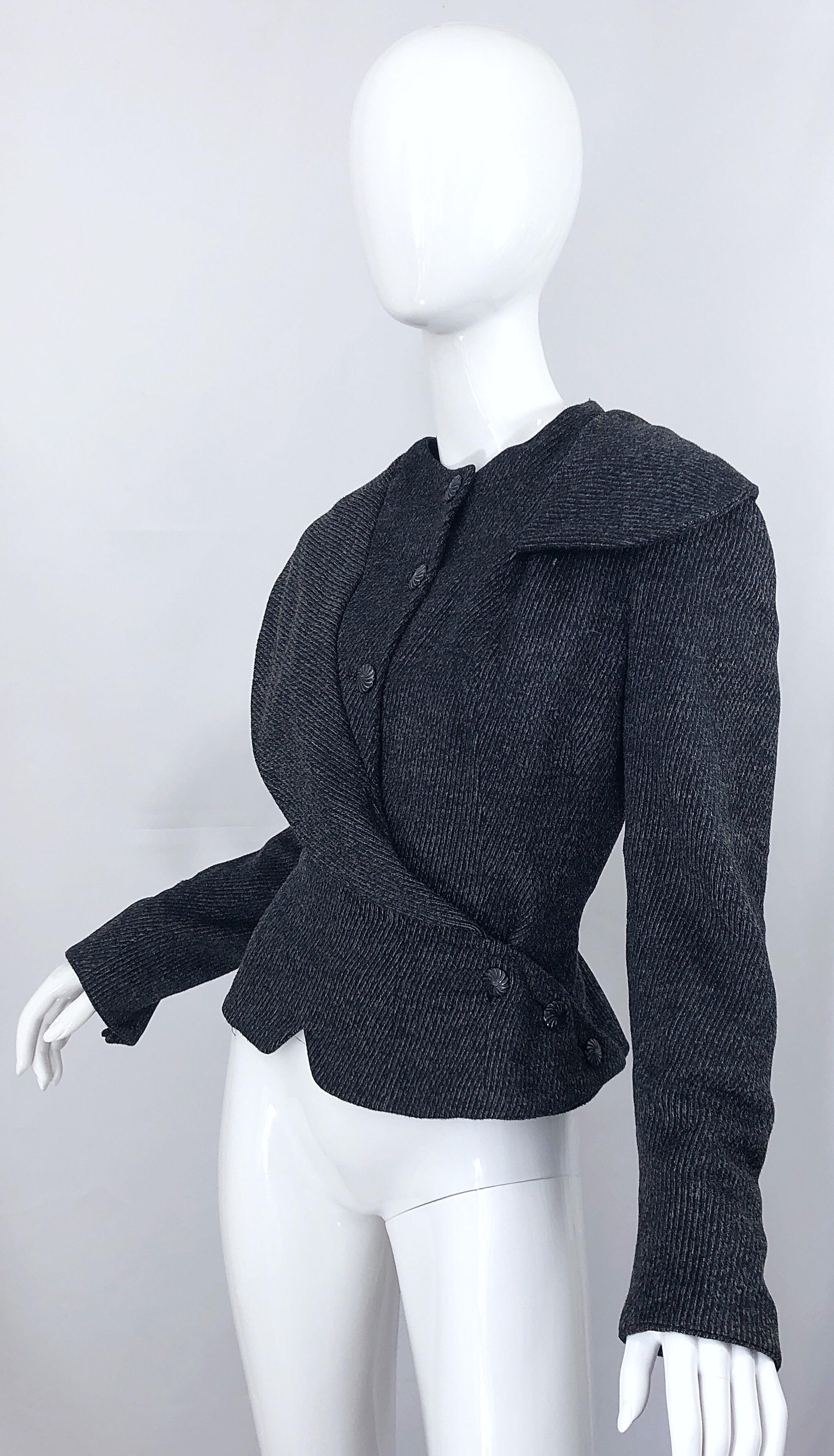 1940s Lilli Ann Grey Black Avant Garde Vintage 40s Asymmetrical Wool Jacket 4