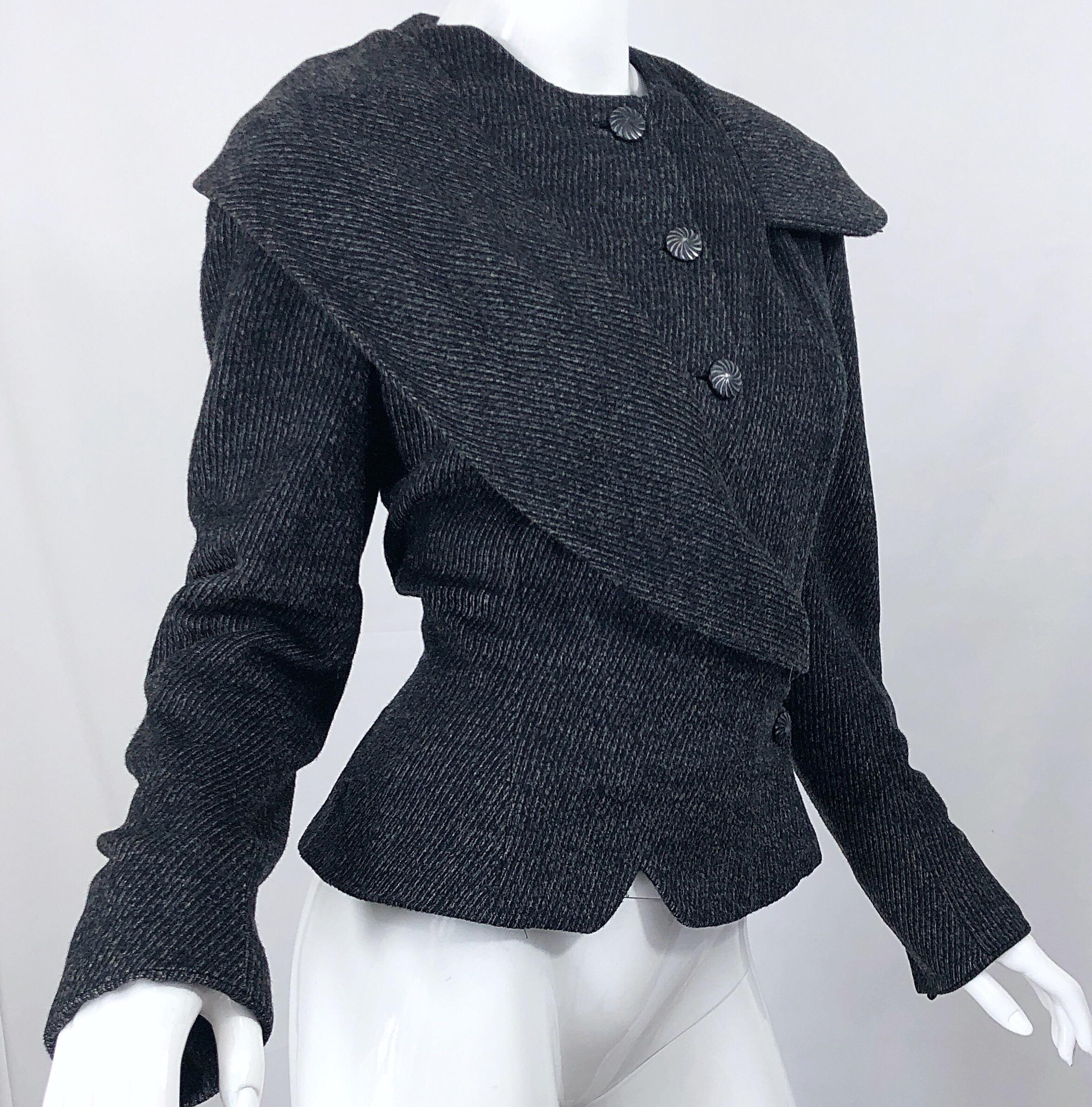 1940s Lilli Ann Grey Black Avant Garde Vintage 40s Asymmetrical Wool Jacket 6