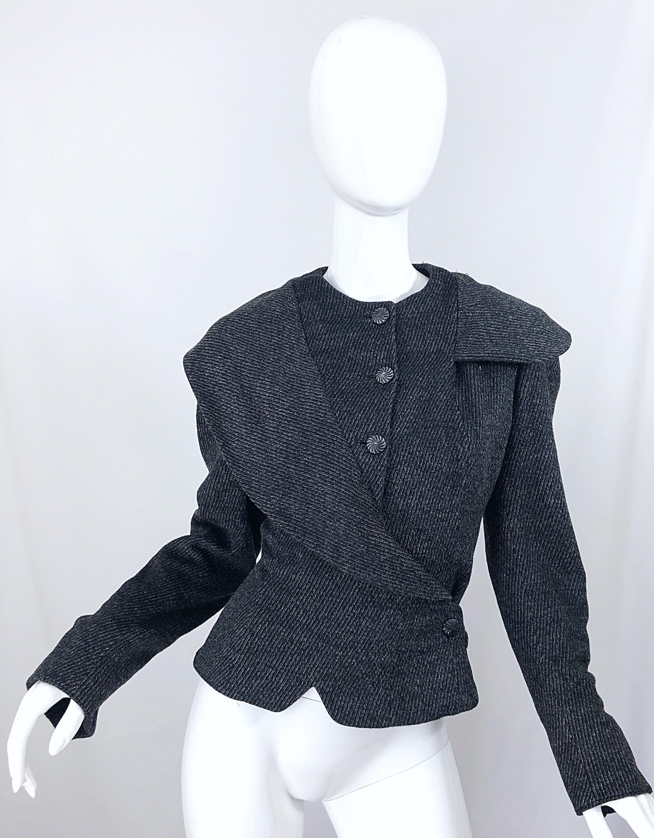 1940s Lilli Ann Grey Black Avant Garde Vintage 40s Asymmetrical Wool Jacket 8