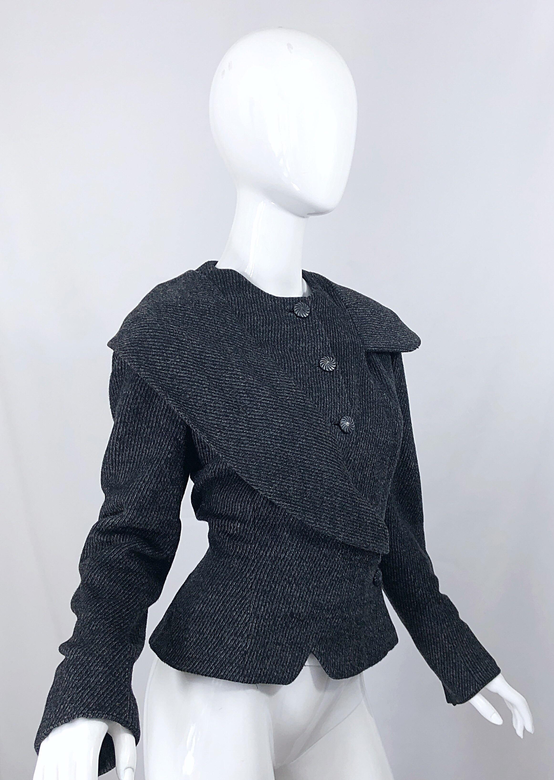 1940s Lilli Ann Grey Black Avant Garde Vintage 40s Asymmetrical Wool Jacket In Excellent Condition In San Diego, CA