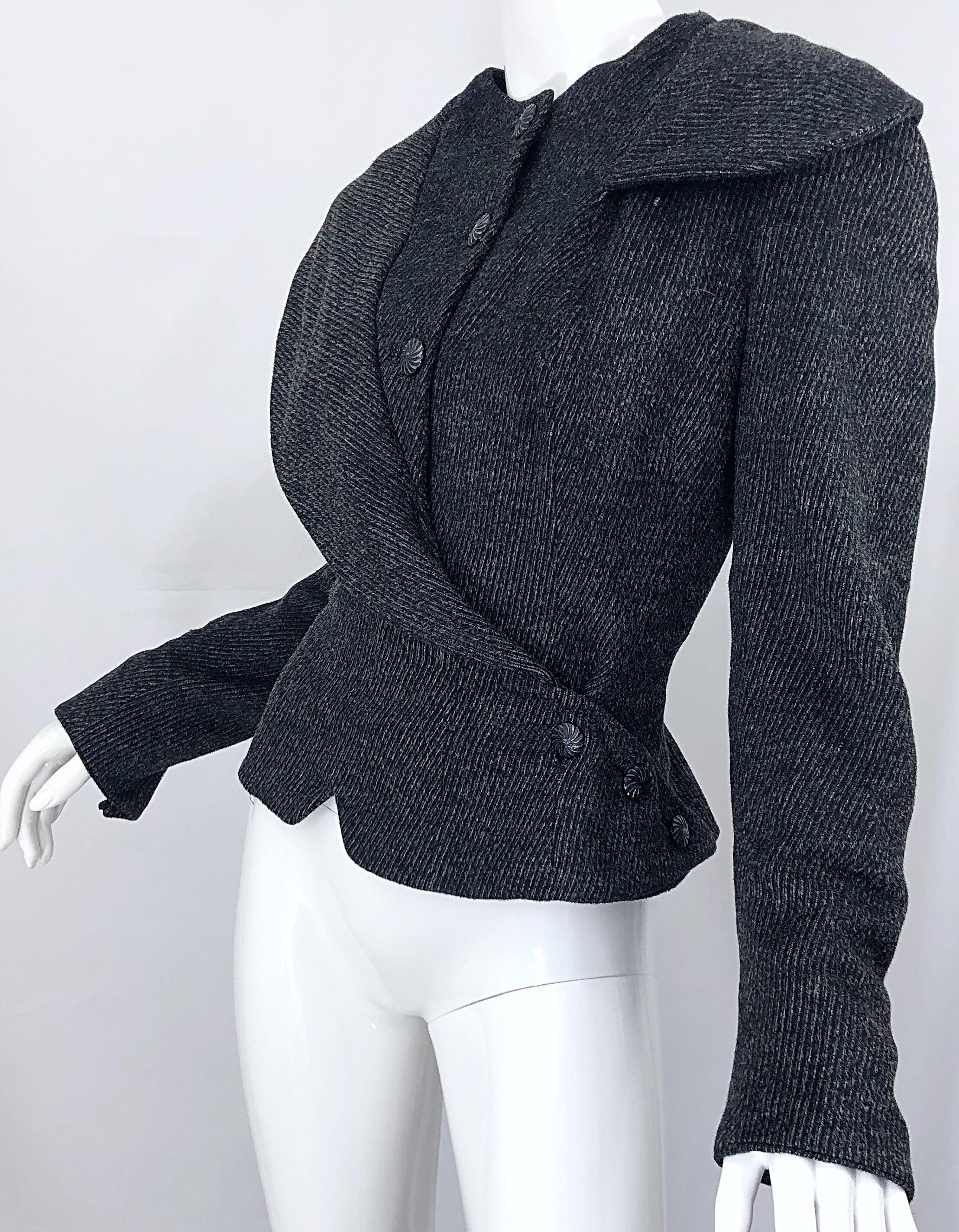 Women's 1940s Lilli Ann Grey Black Avant Garde Vintage 40s Asymmetrical Wool Jacket