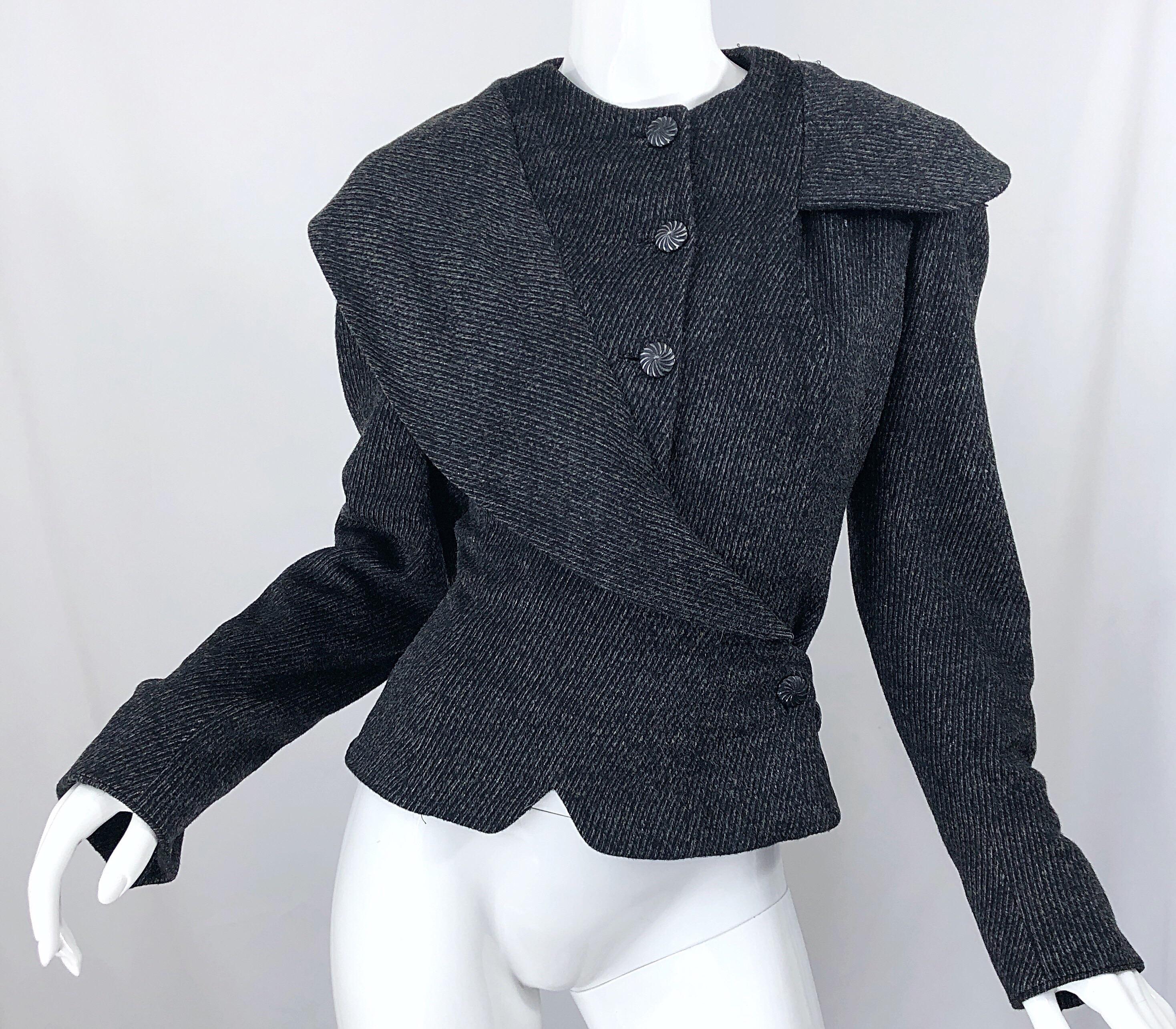 1940s Lilli Ann Grey Black Avant Garde Vintage 40s Asymmetrical Wool Jacket 1