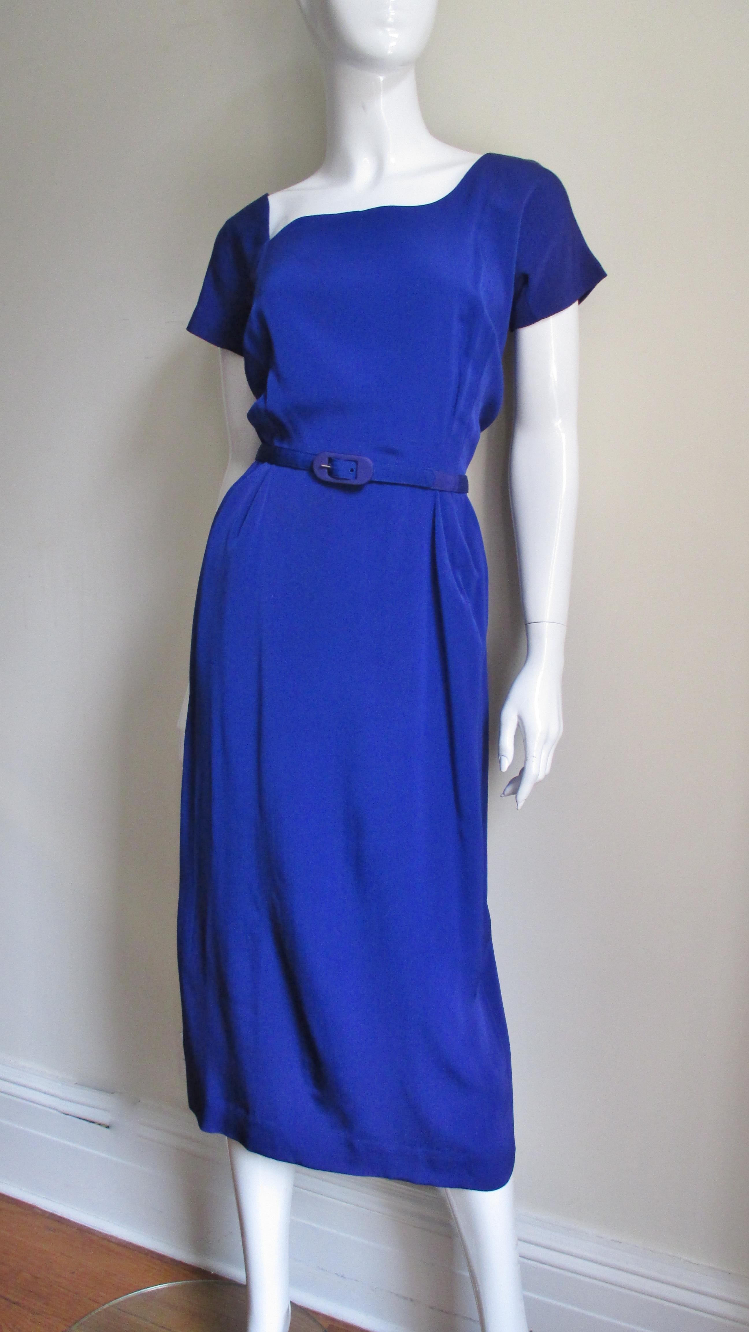 Blue Lilli Ann New 1940s Asymmetric Neckline Silk Dress  For Sale