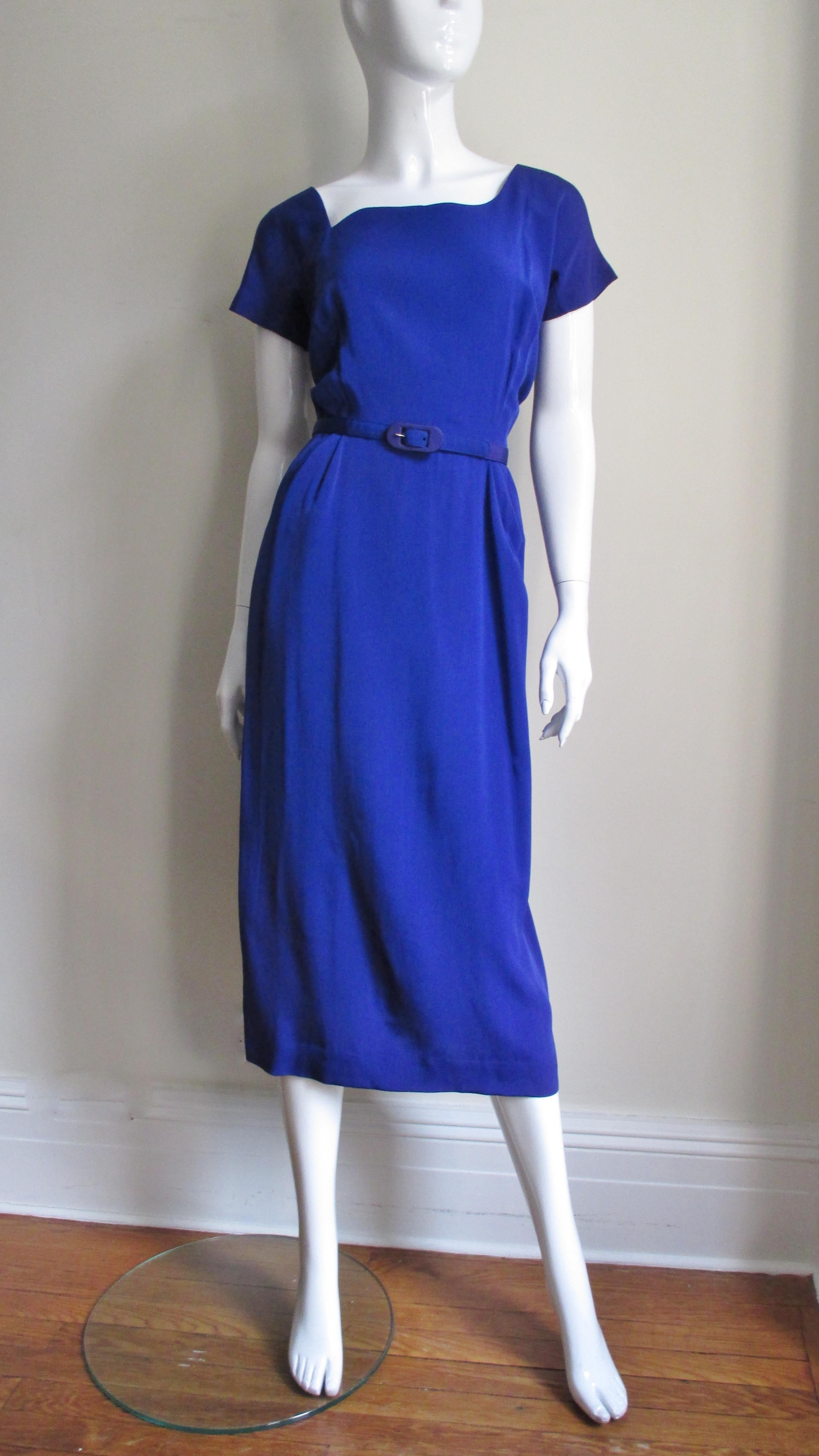 Lilli Ann New 1940s Asymmetric Neckline Silk Dress  In Good Condition For Sale In Water Mill, NY