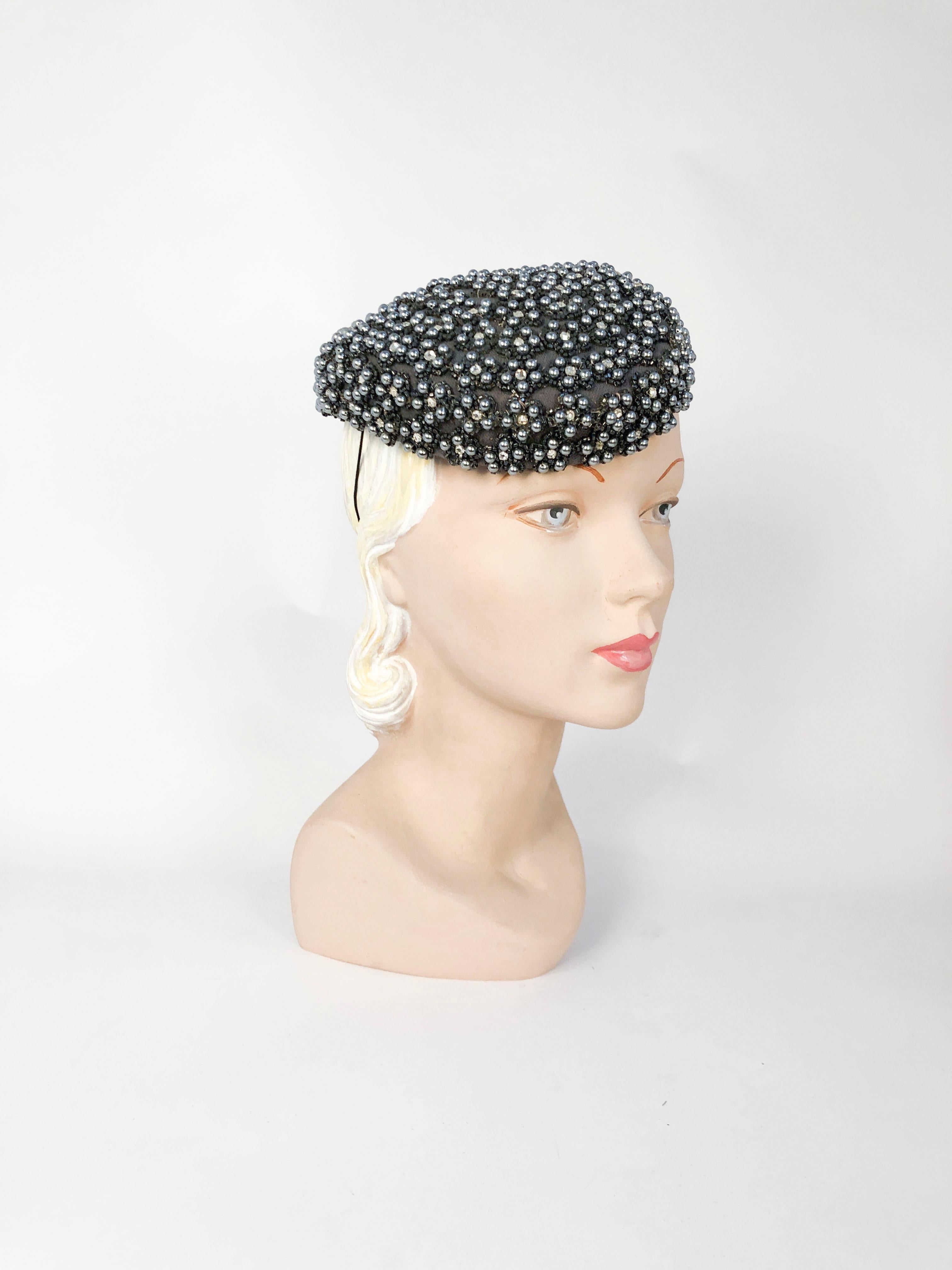 1940's Lilly Daché Grey Perch Hat encased with pearl, glass, and rhinestone beading. 
