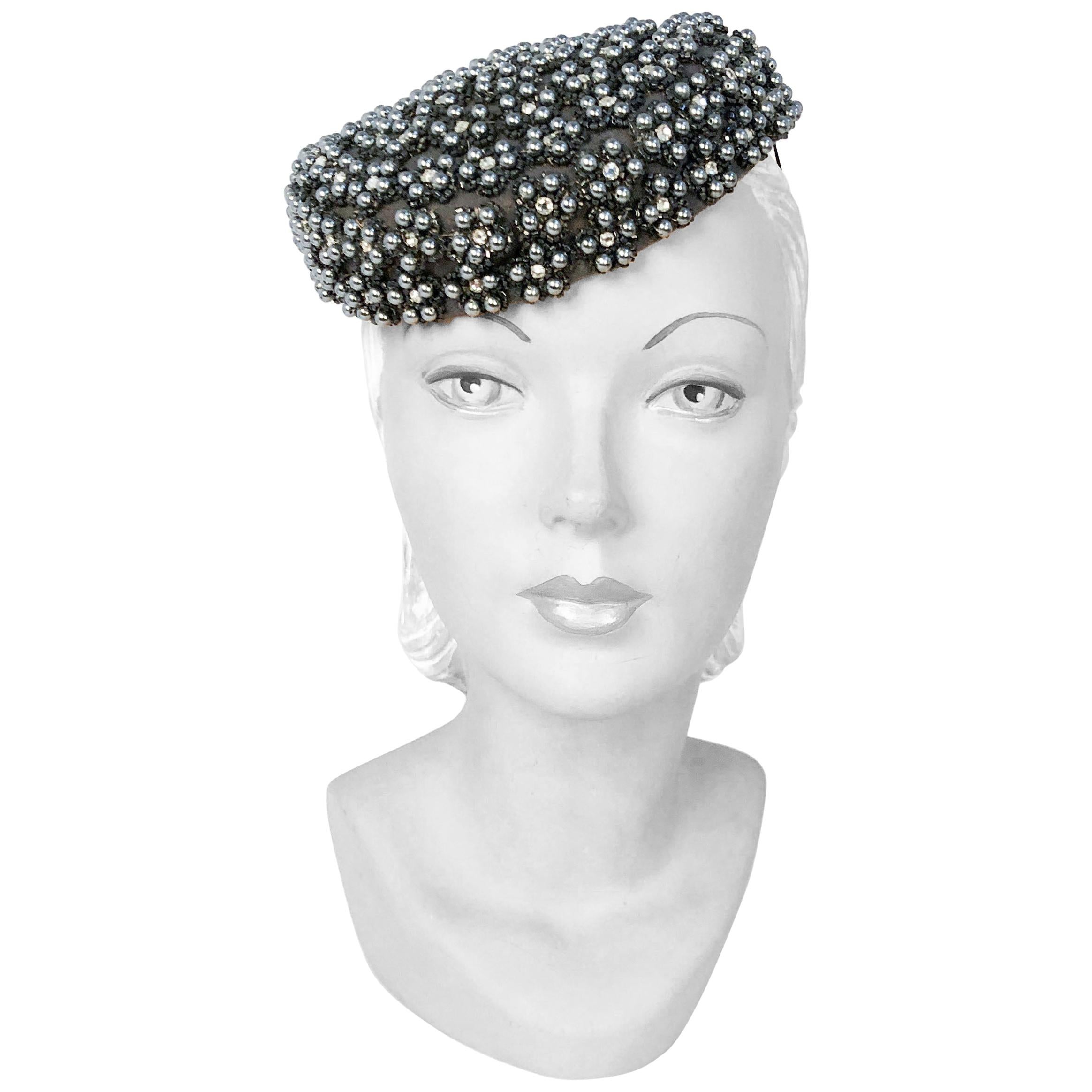1940's Lilly Daché Grey Perch Hat with Beading