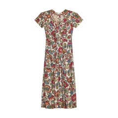 1940s Linen Floral Sweetheart Neckline Dress
