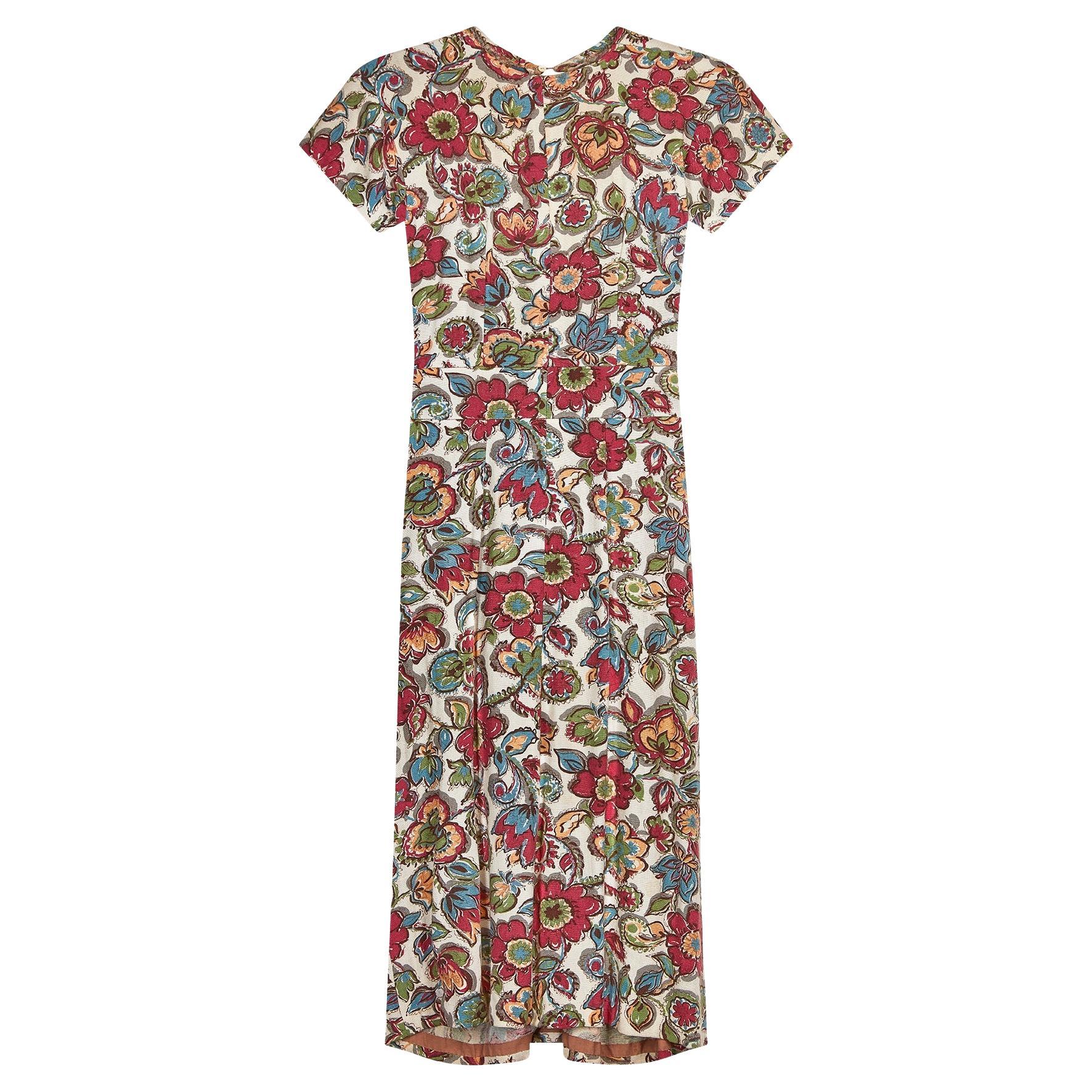 1940s Linen Floral Sweetheart Neckline Dress For Sale