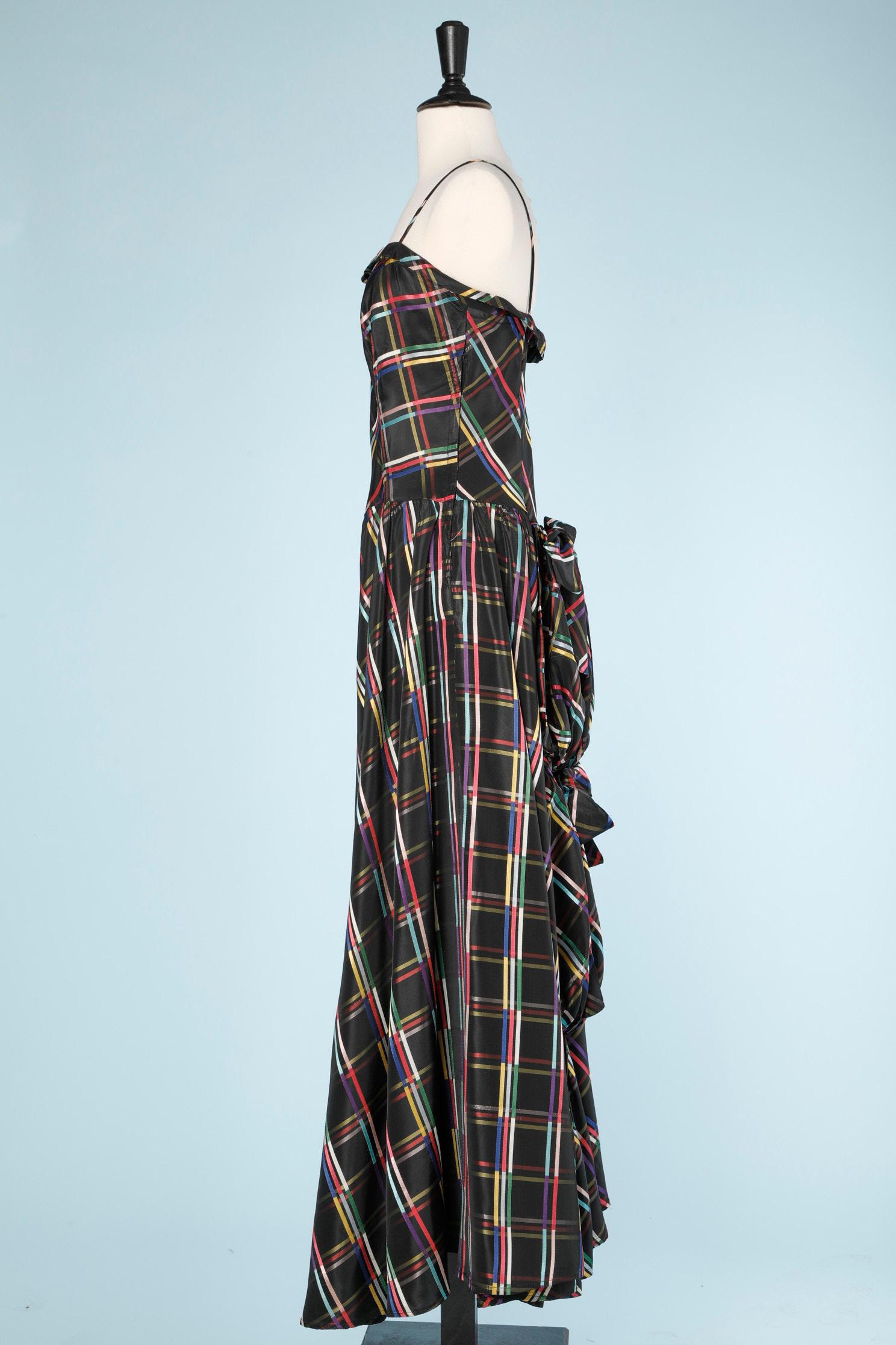 Black 1940's long evening dress in multicolor check taffetas 