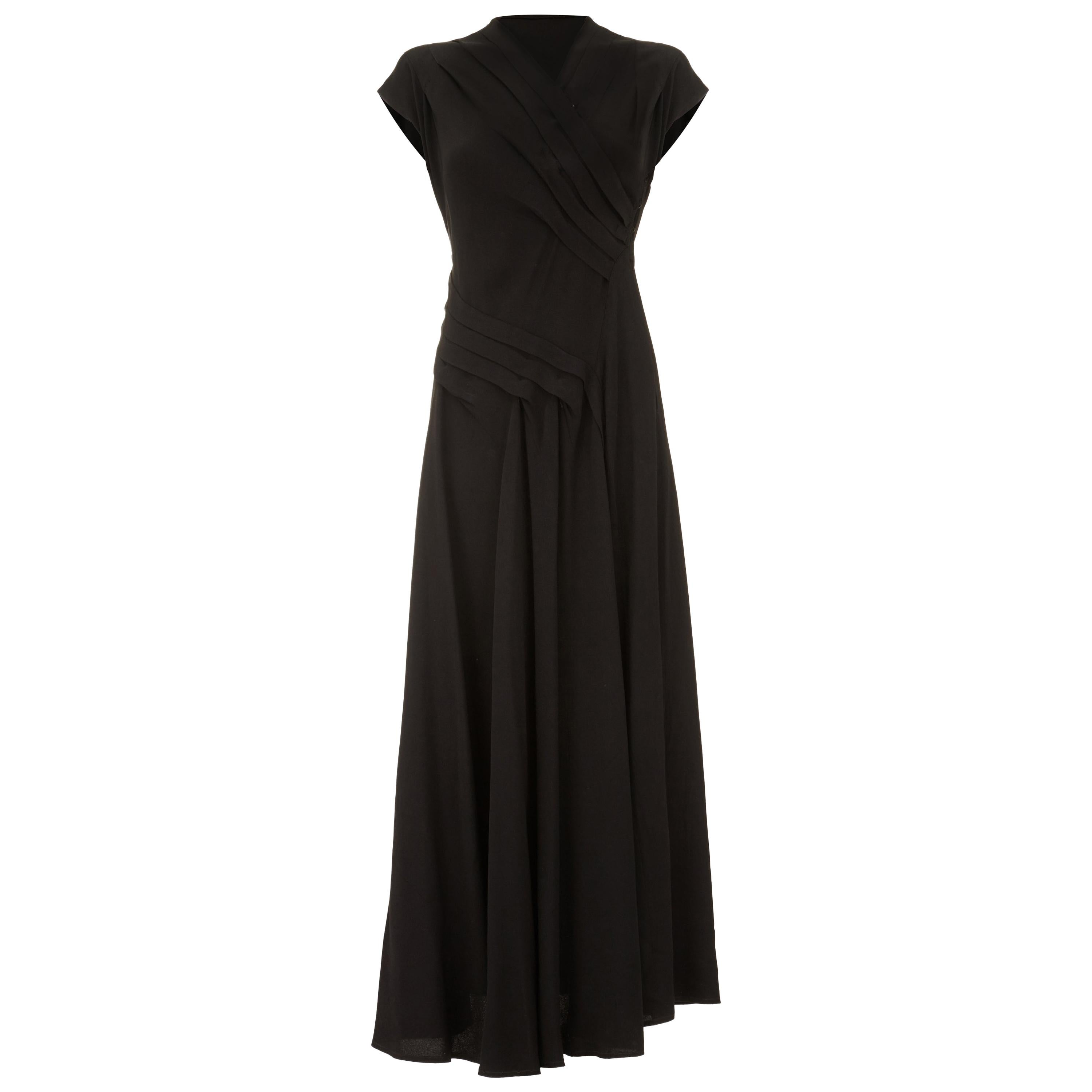 1940s Long Pleated Black Crepe Dress