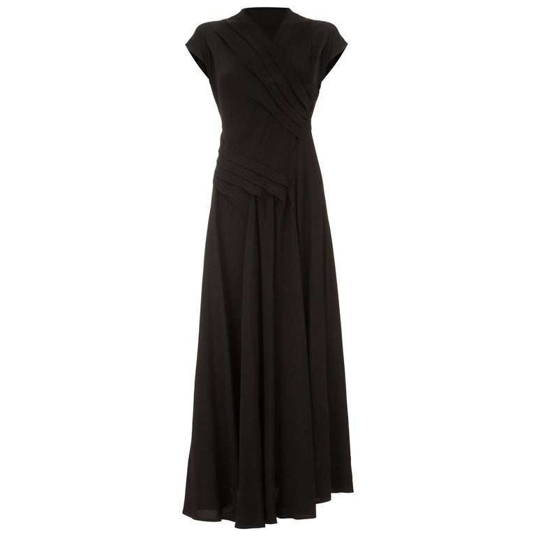 1940s Long Pleated Black Crepe Dress at 1stDibs