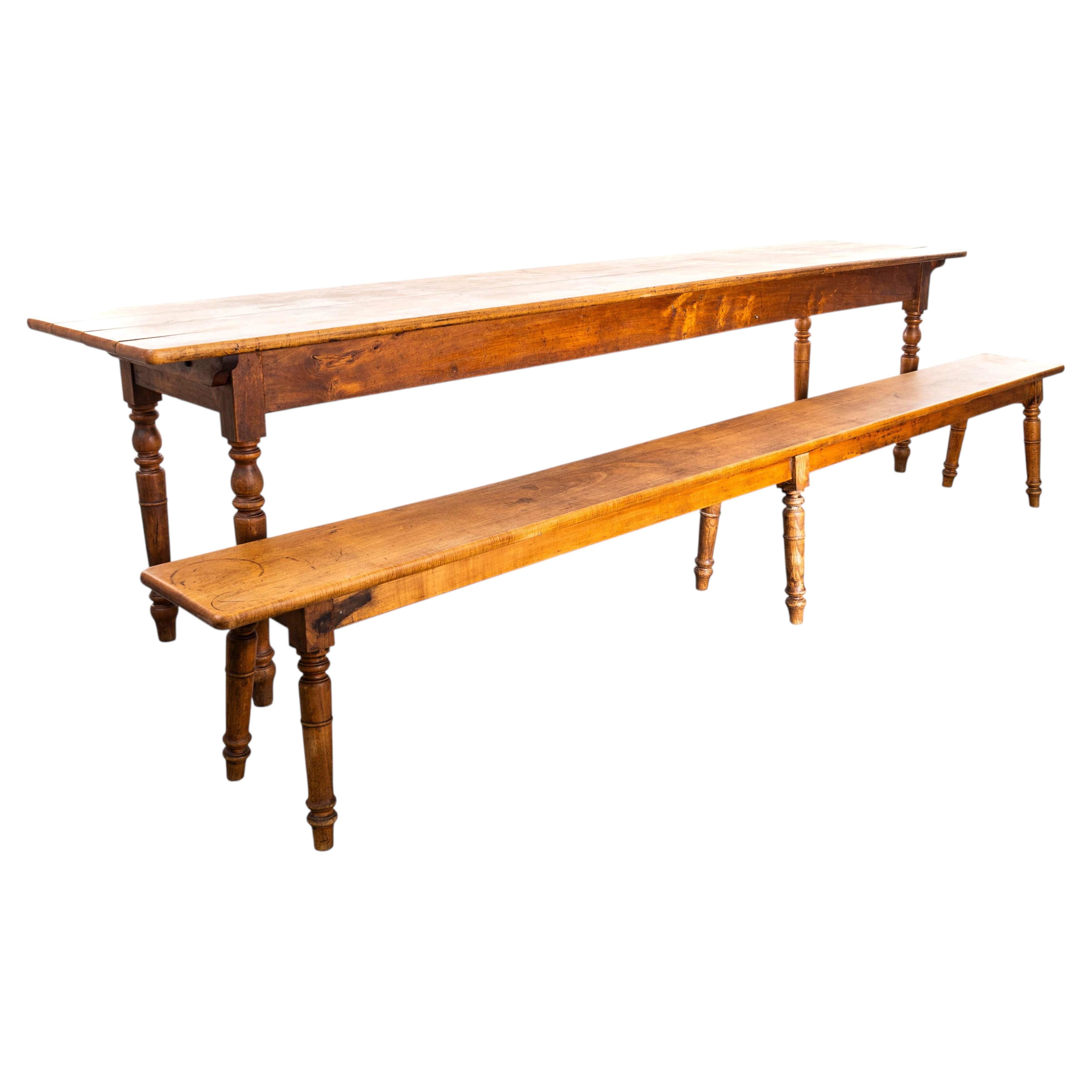1940’s Long Rectangular Fruitwood Farmhouse Table And Bench For Sale
