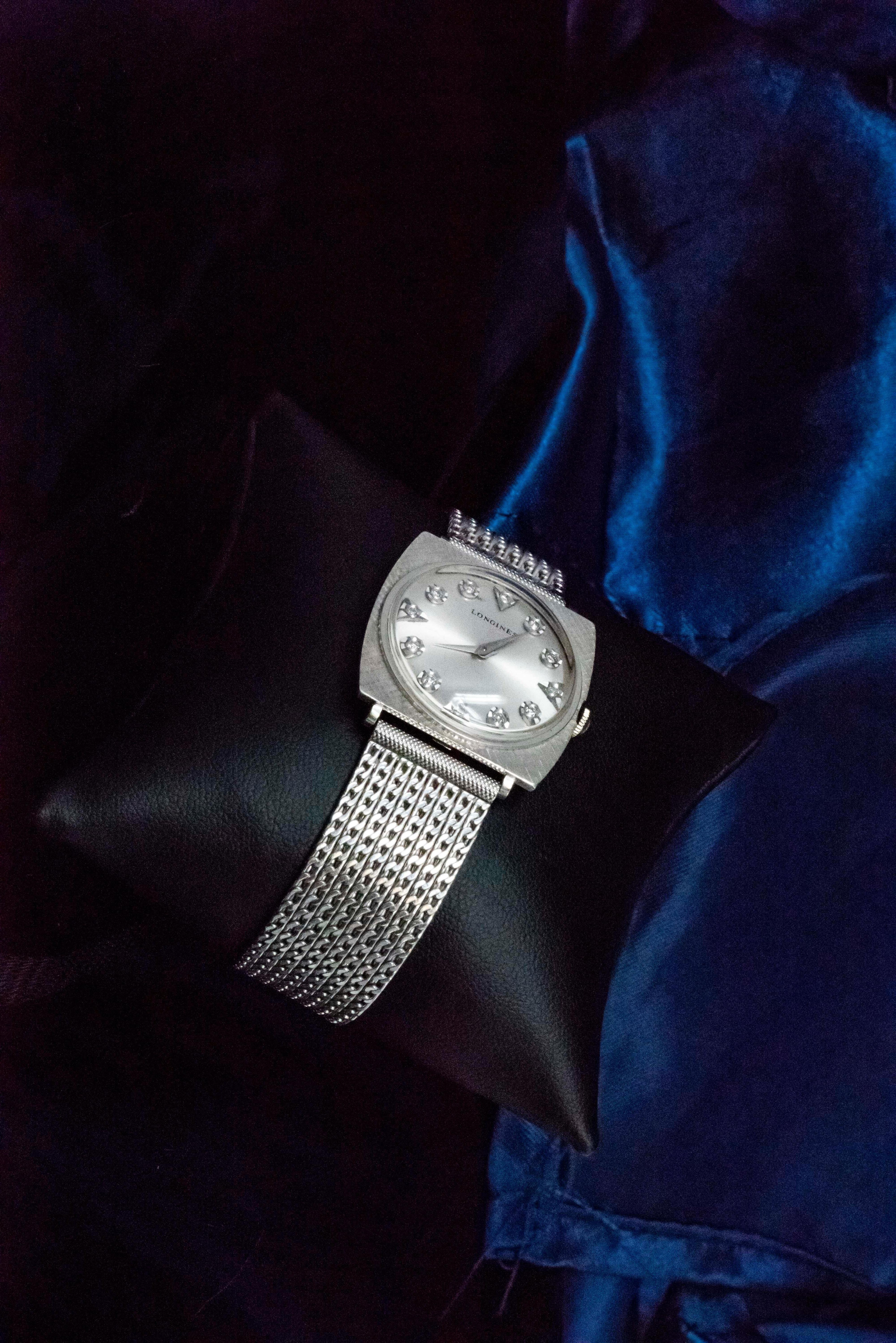 Post-War 1940s Longines White Gold Ultra Thin Grey Diamond Dial Adjustable Bracelet Watch For Sale