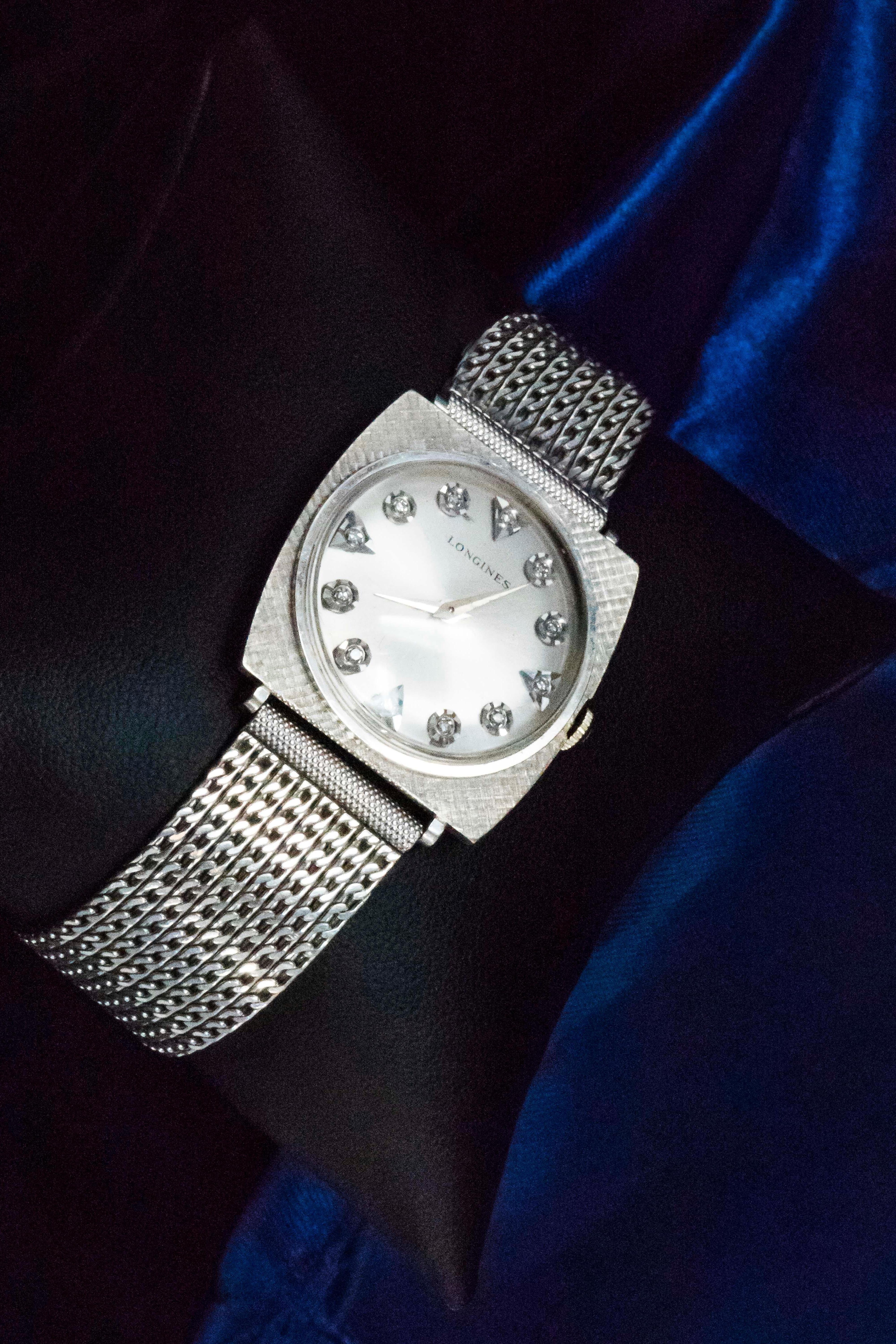Round Cut 1940s Longines White Gold Ultra Thin Grey Diamond Dial Adjustable Bracelet Watch For Sale