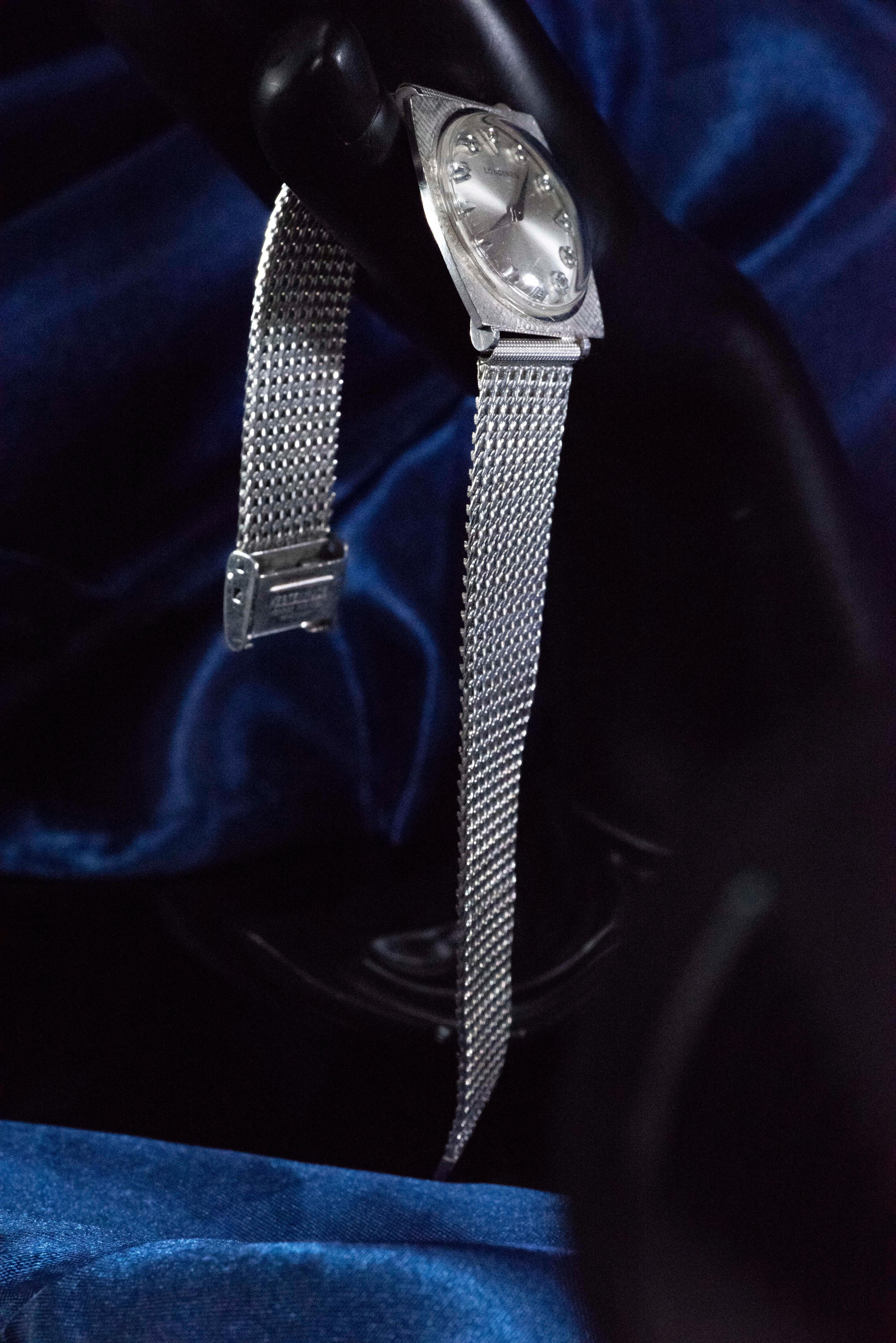 Women's or Men's 1940s Longines White Gold Ultra Thin Grey Diamond Dial Adjustable Bracelet Watch For Sale