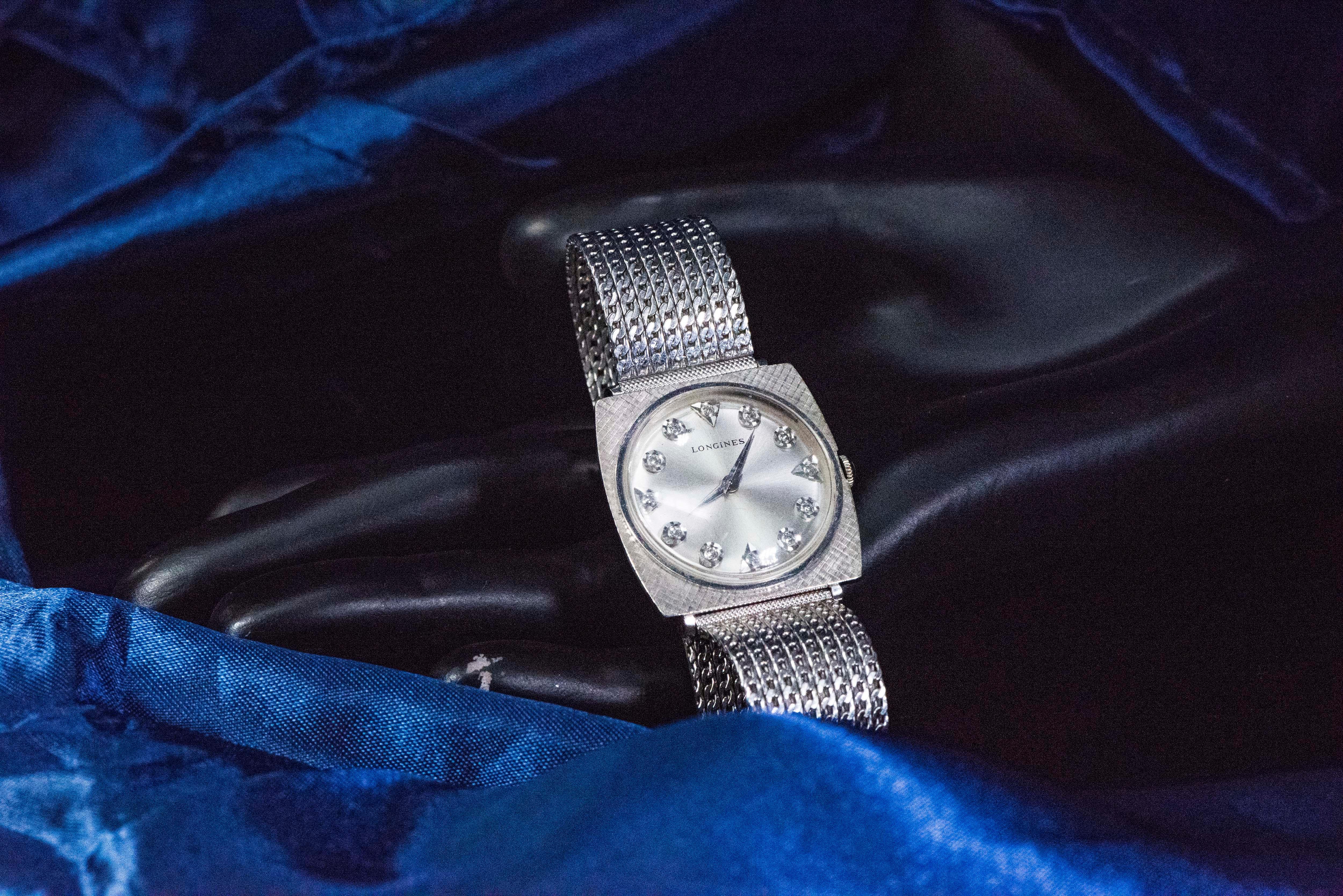 1940s Longines White Gold Ultra Thin Grey Diamond Dial Adjustable Bracelet Watch For Sale 1
