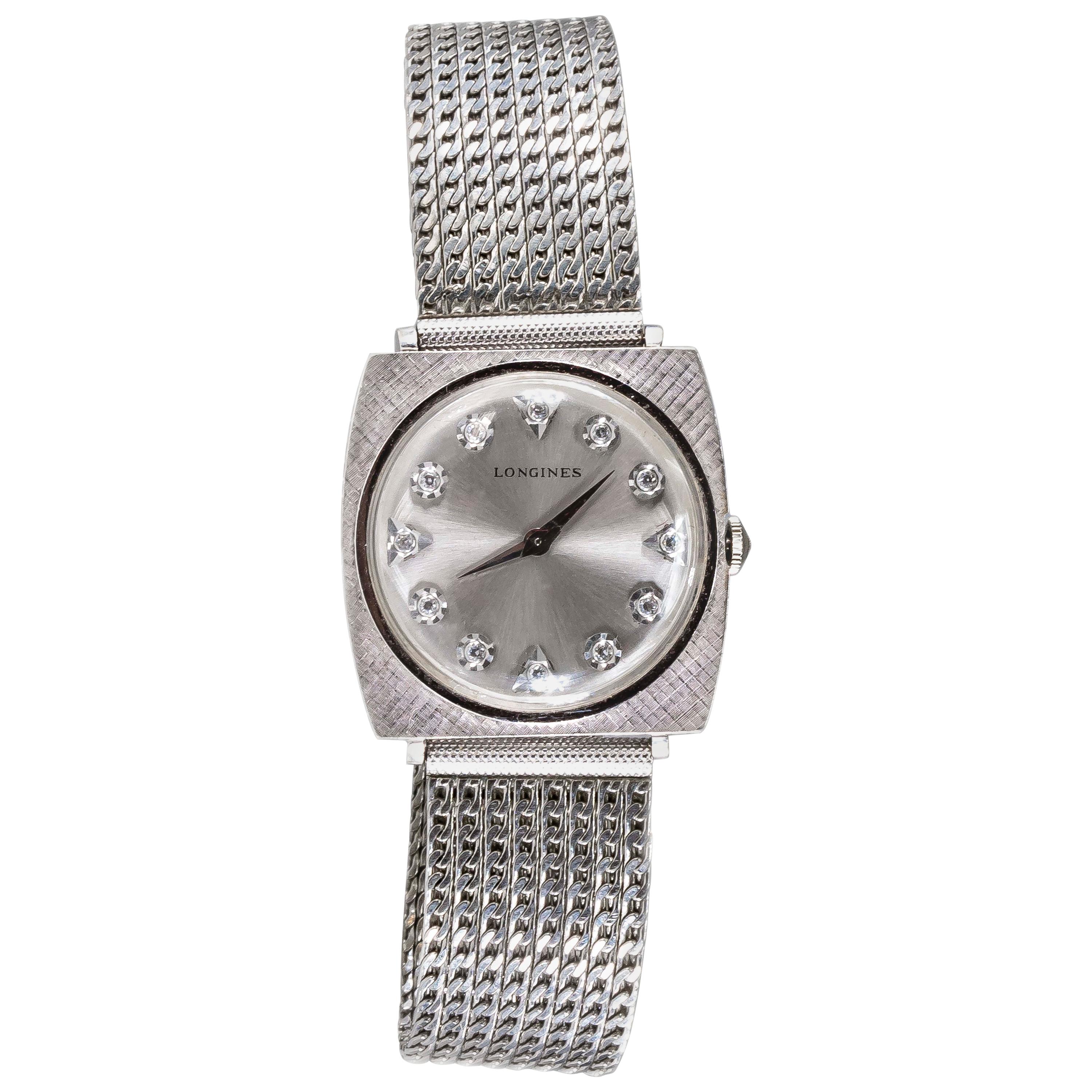 1940s Longines White Gold Ultra Thin Grey Diamond Dial Adjustable Bracelet Watch