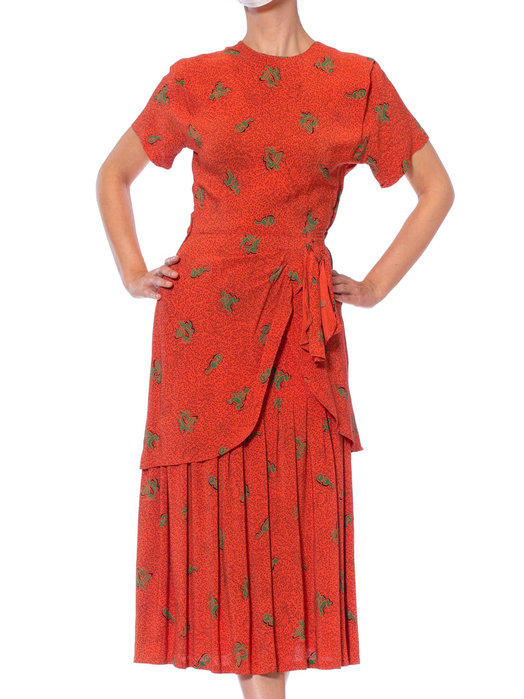 1940'S LORA LENOX Persimmon Red Rayon Crepe Rockabilly Lindy Hop Swing Dancer M For Sale 4