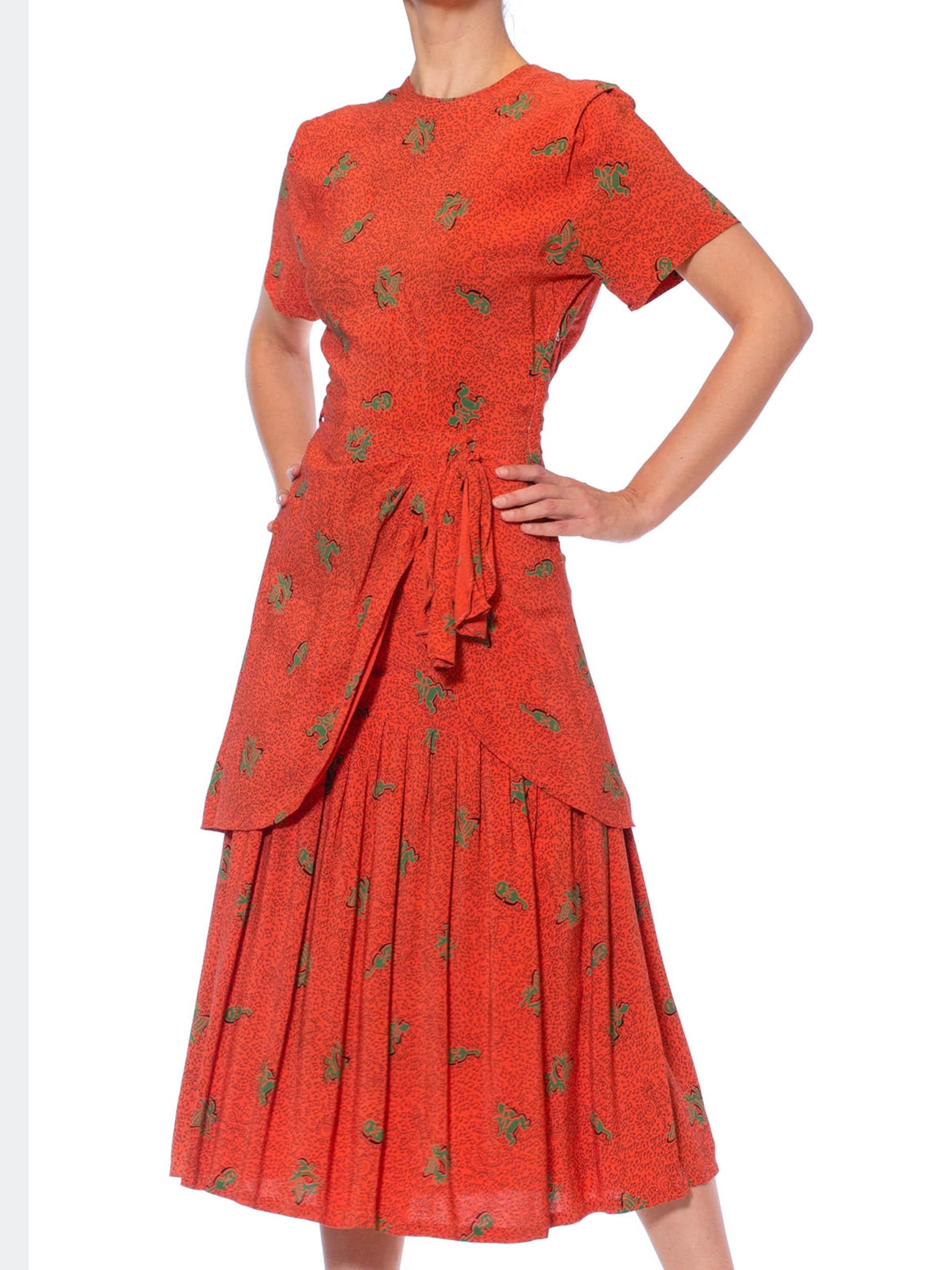 1940'S LORA LENOX Persimmon Red Rayon Crepe Rockabilly Lindy Hop Swing Dancer Music Note Print Dress