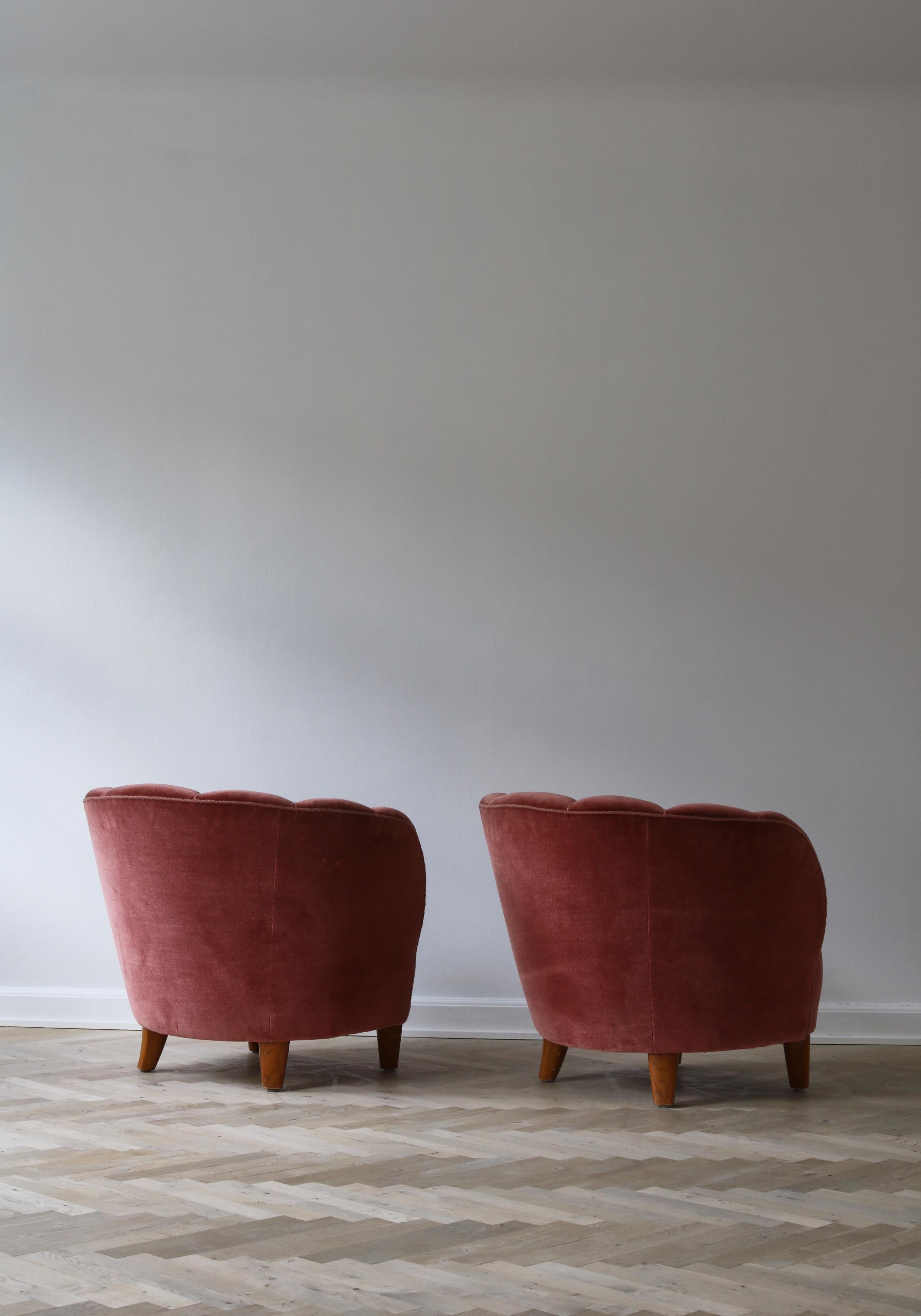 1940s Lounge Chairs in Pink Velvet, Otto Schulz for Boet, Scandinavian Modern 7