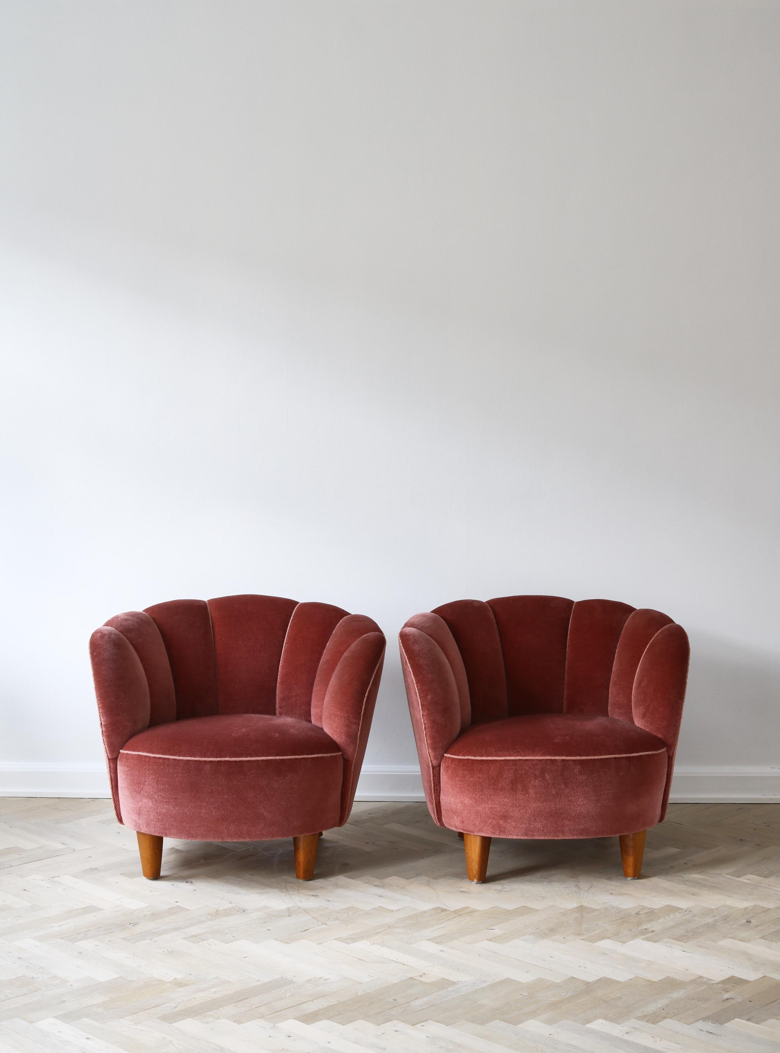 Elm 1940s Lounge Chairs in Pink Velvet, Otto Schulz for Boet, Scandinavian Modern