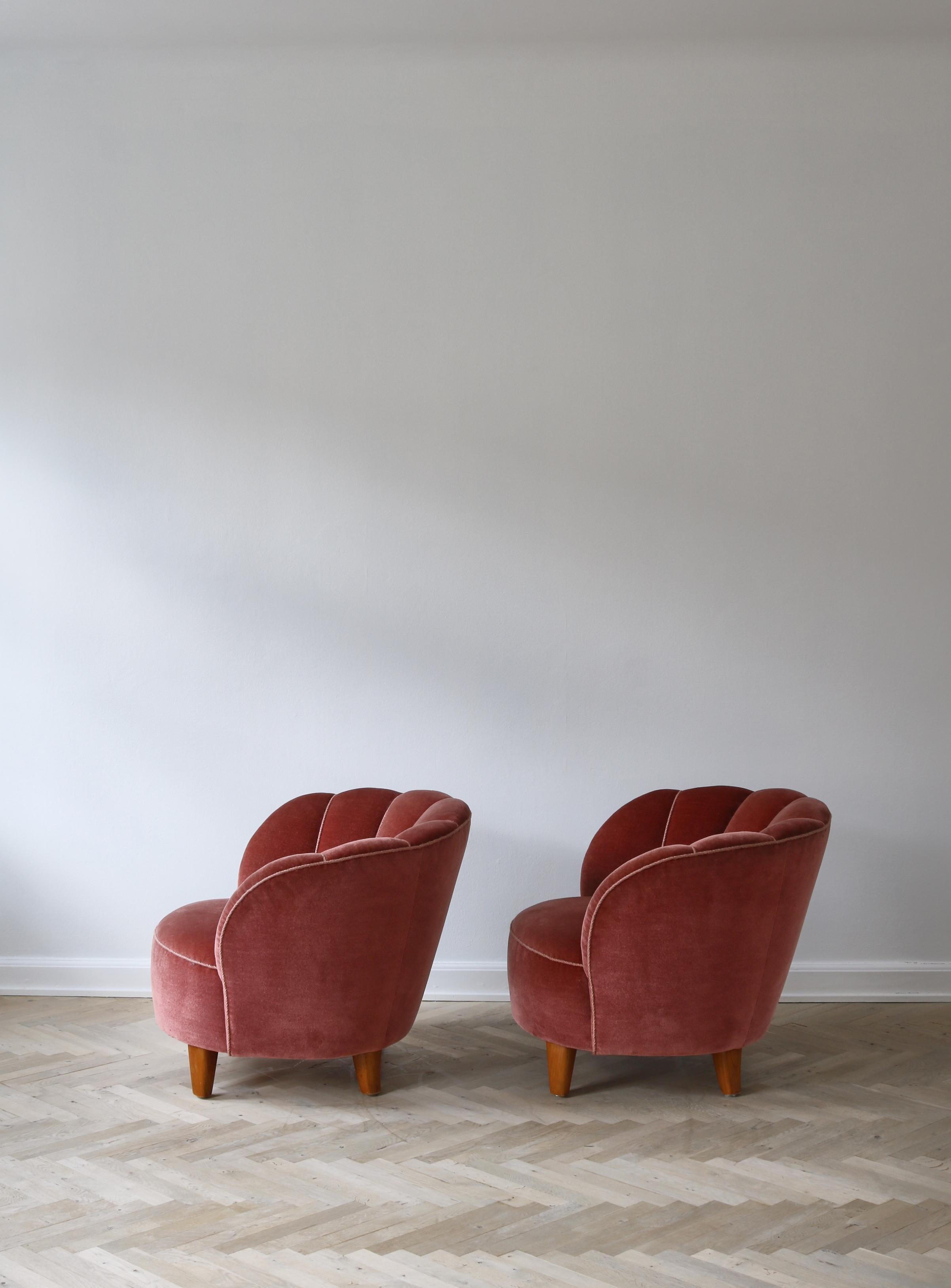 1940s Lounge Chairs in Pink Velvet, Otto Schulz for Boet, Scandinavian Modern 1
