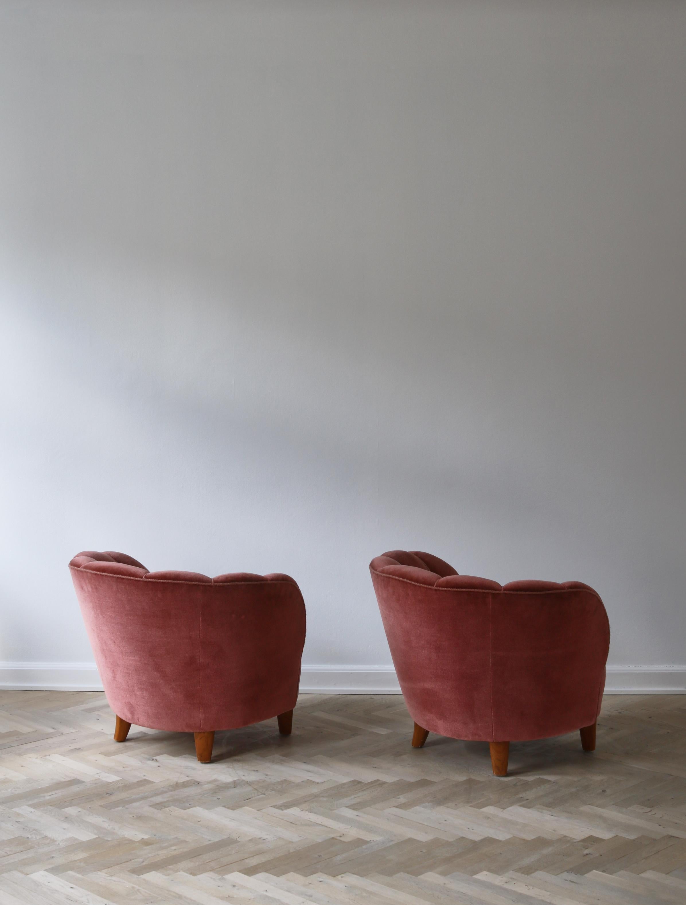 1940s Lounge Chairs in Pink Velvet, Otto Schulz for Boet, Scandinavian Modern 2