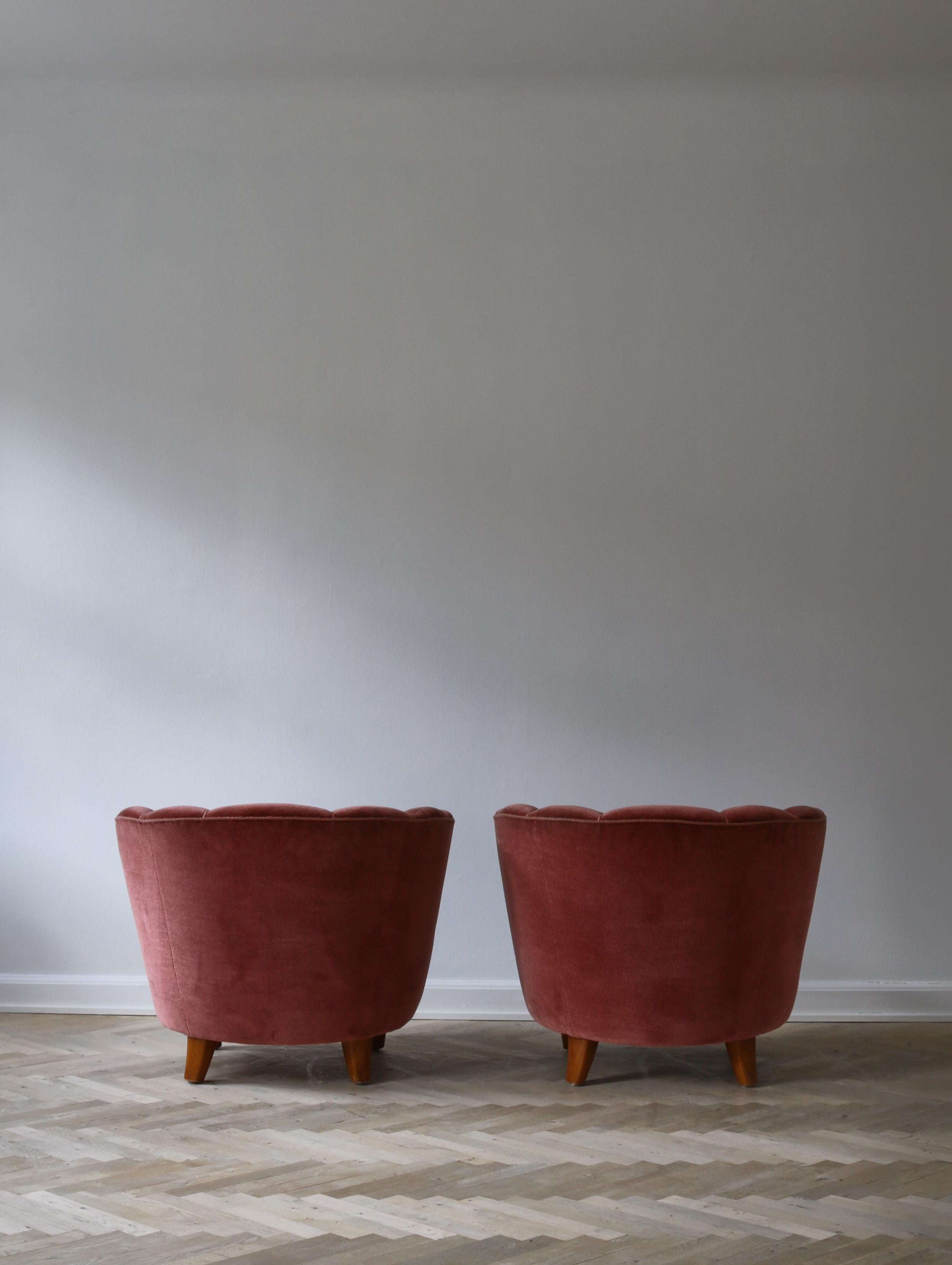 1940s Lounge Chairs in Pink Velvet, Otto Schulz for Boet, Scandinavian Modern 3