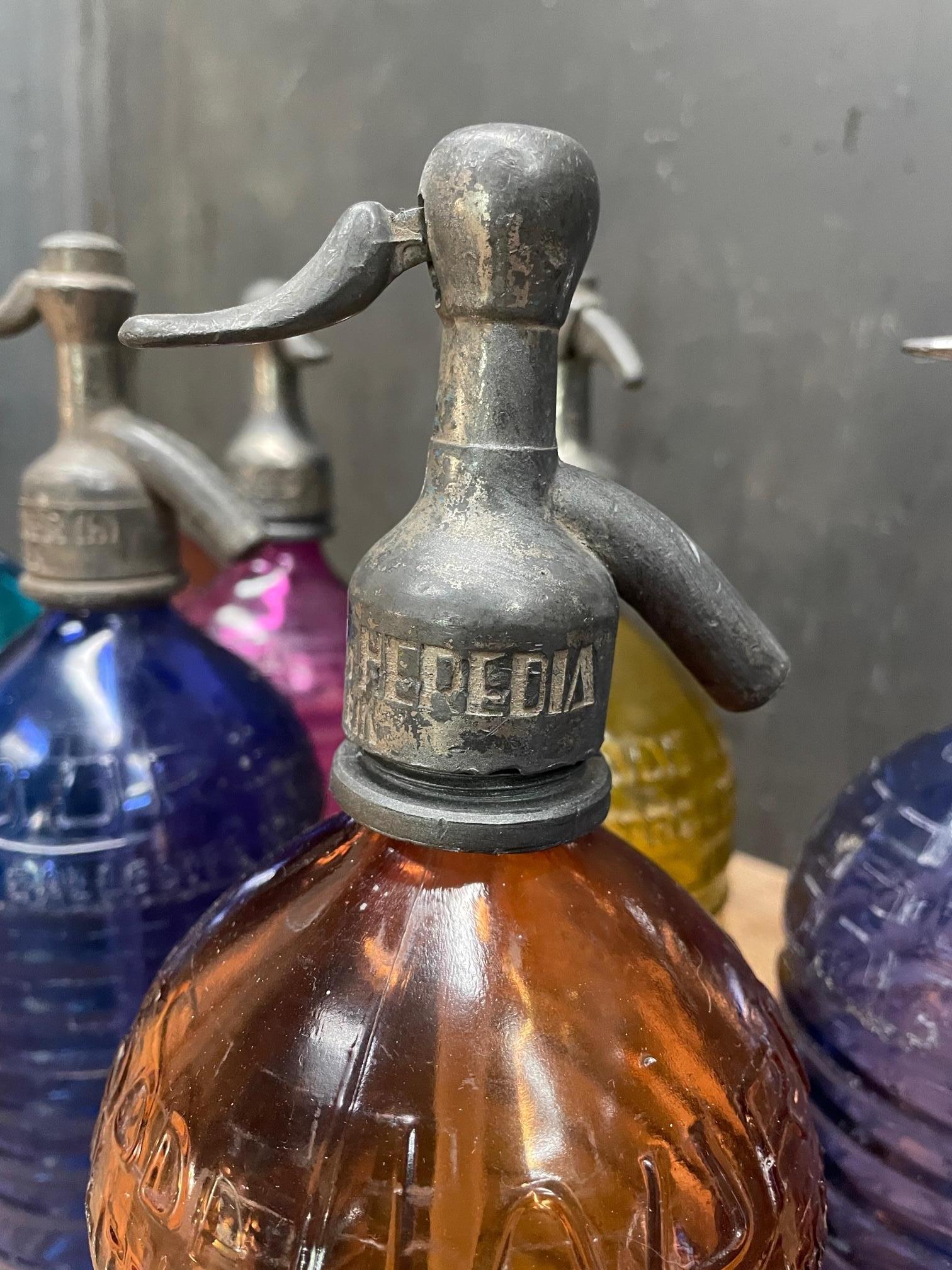 Argentine 1940s Lourdes Siphon Seltzer Soda Bottle Collection Colorful Glass Vintage Decor For Sale